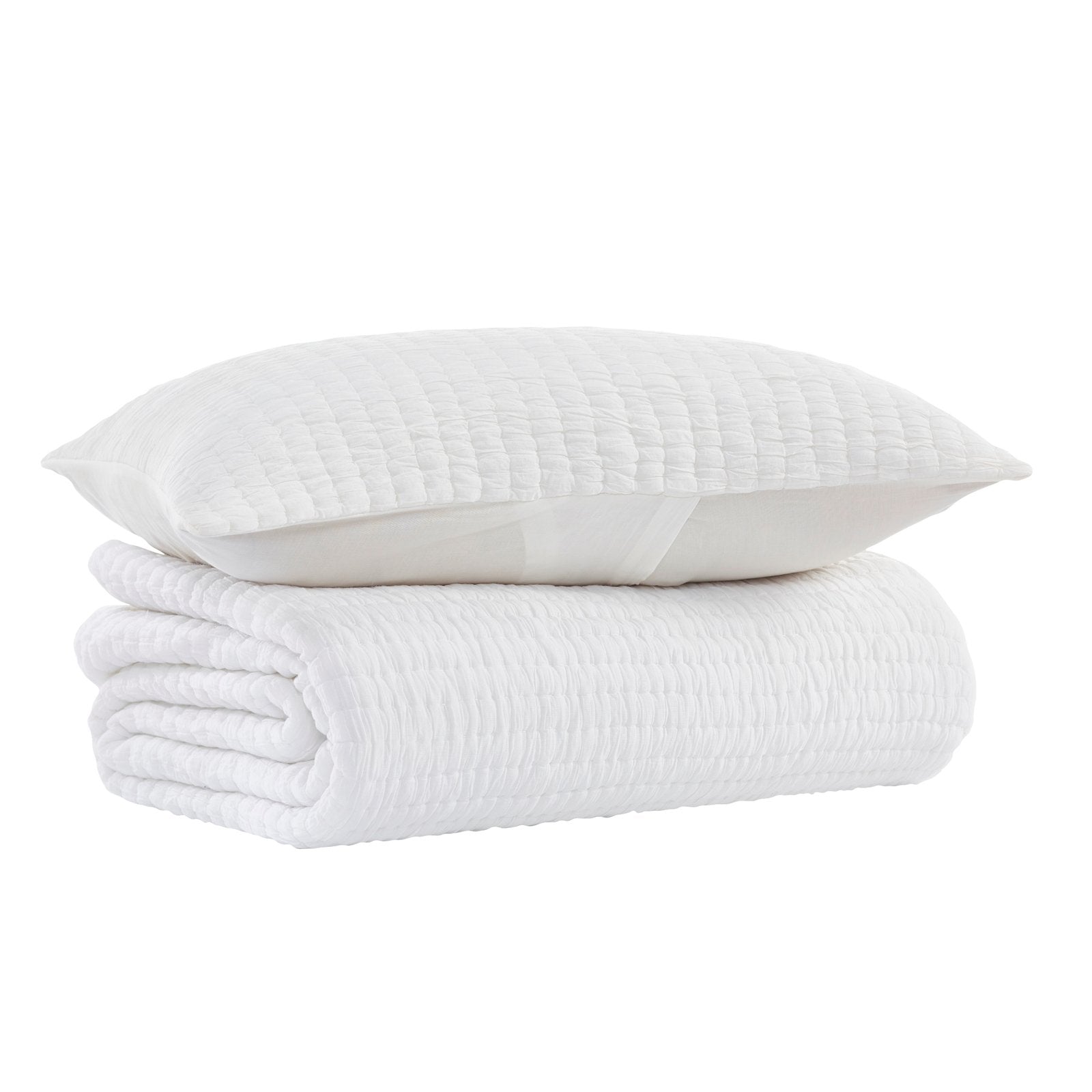 QT-358-9496_7|White quilted pillow and blanket set with subtle textured stripes, ready to add a clean, cozy, and inviting feel to your bed.