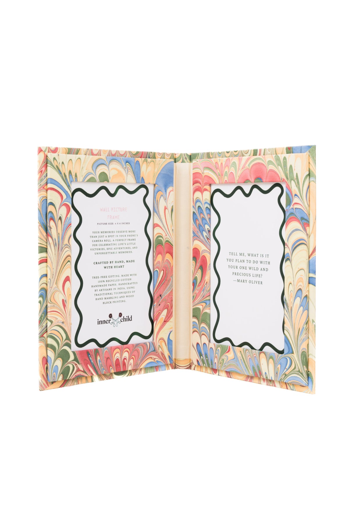 Hand marbled multicolor double frame folding book, Inner Child design