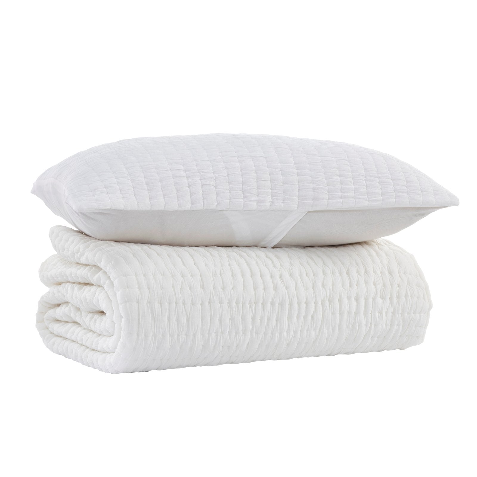 QT-359-11096_7|White quilt with horizontal textured quilting, neatly folded with a matching pillow, ideal for a serene bedroom.