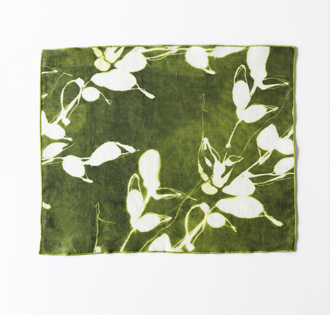 Porto Print Olive linen placemat 15x18 with hand-painted cascading floral pattern in olive green - Goldie Home