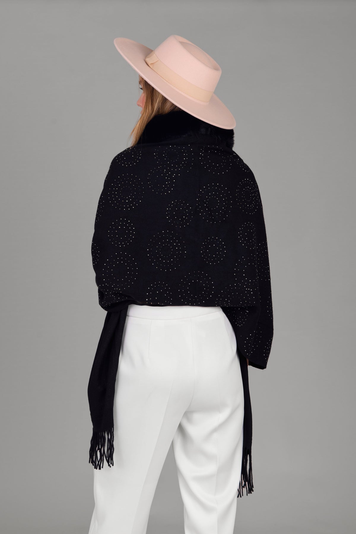 Faux Fur Crystal Scarf - Black