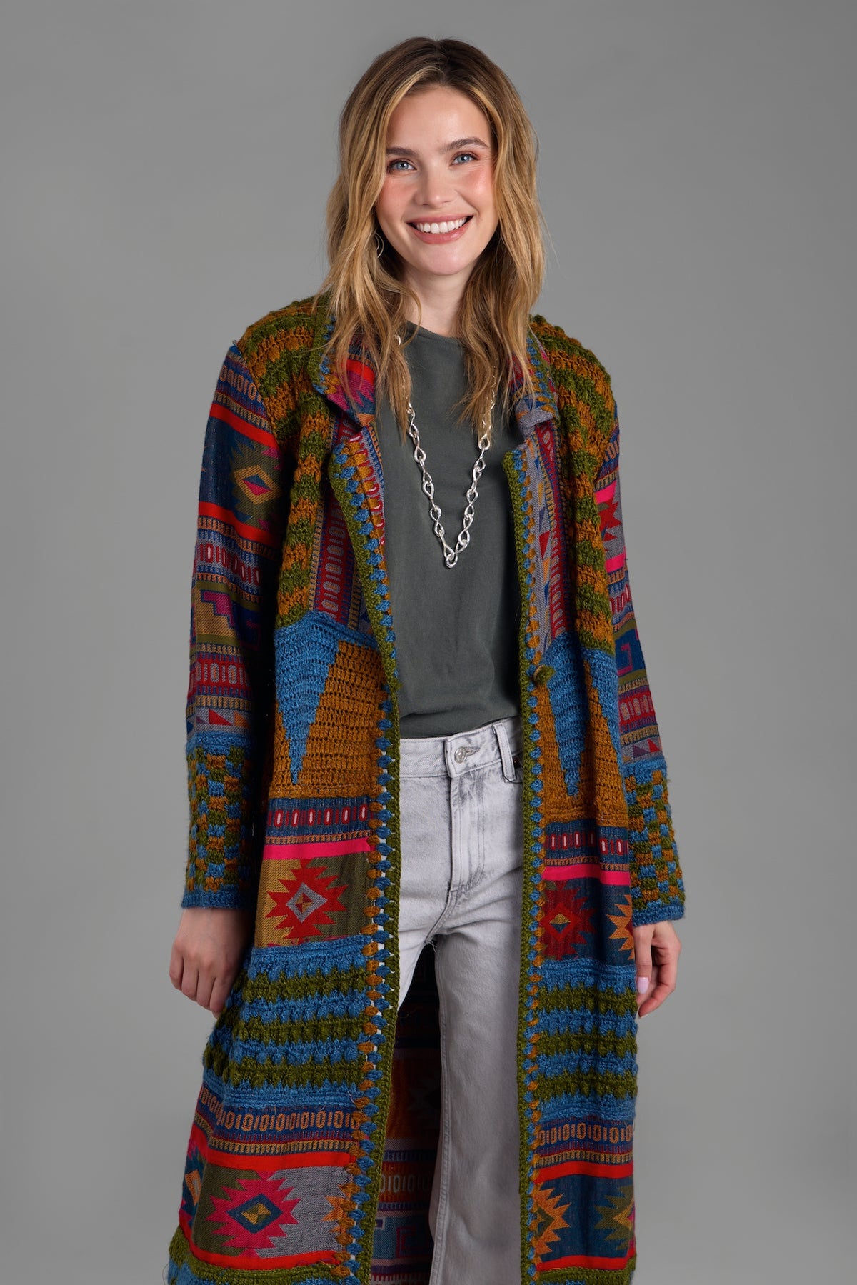 Crochet Woven Aztec Kimono - Dark Multi