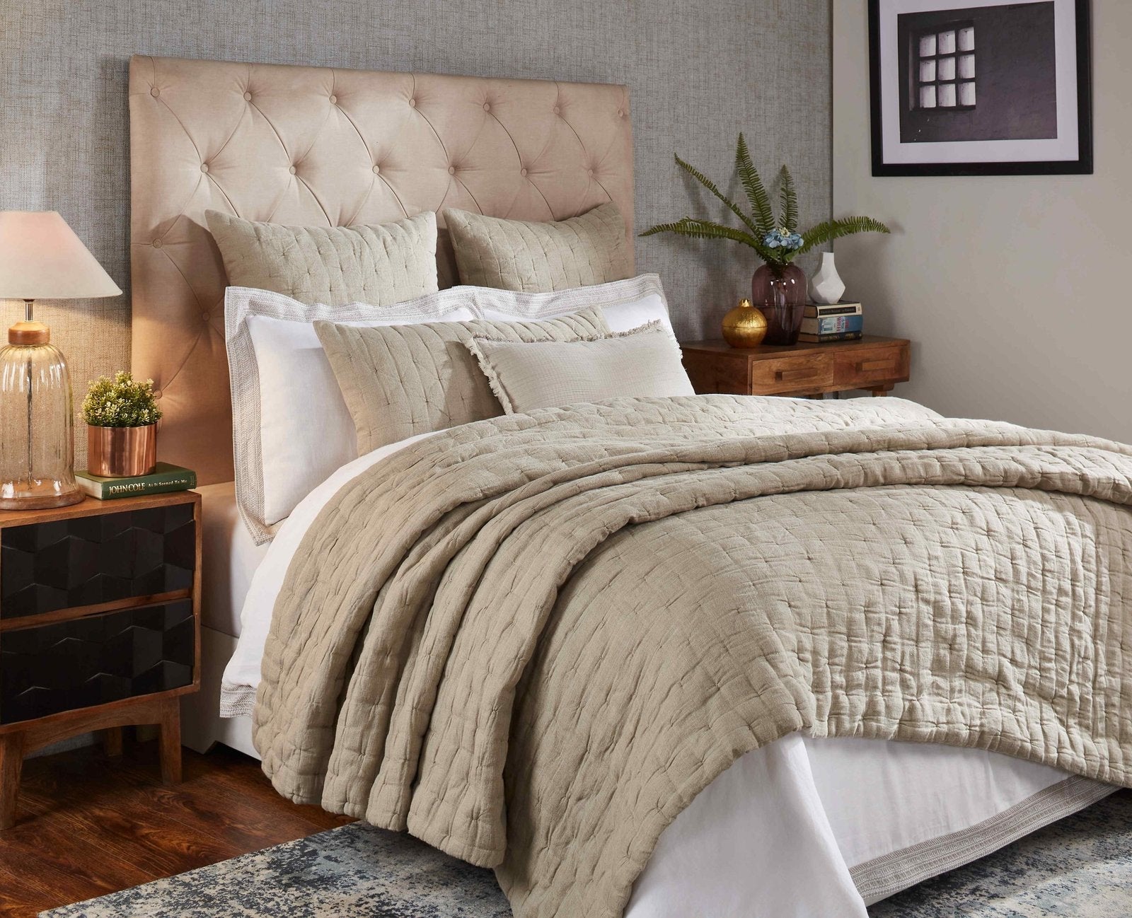 QT-320-9496_3|Beige quilted bedspread in a modern bedroom, offering luxurious comfort and sophisticated style with its textured design.