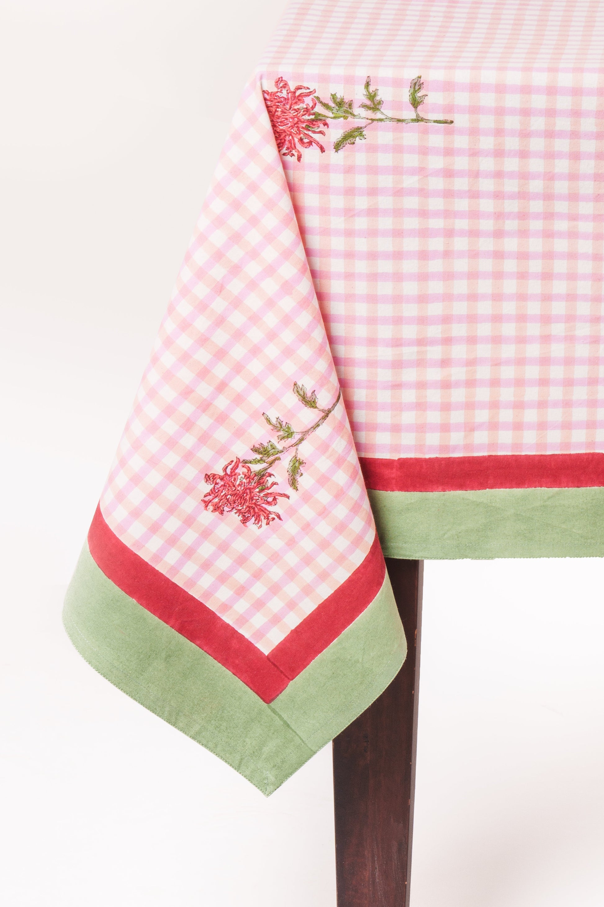 Pink gingham tablecloth with dahlia embroidery and red/green borders - Inner Child