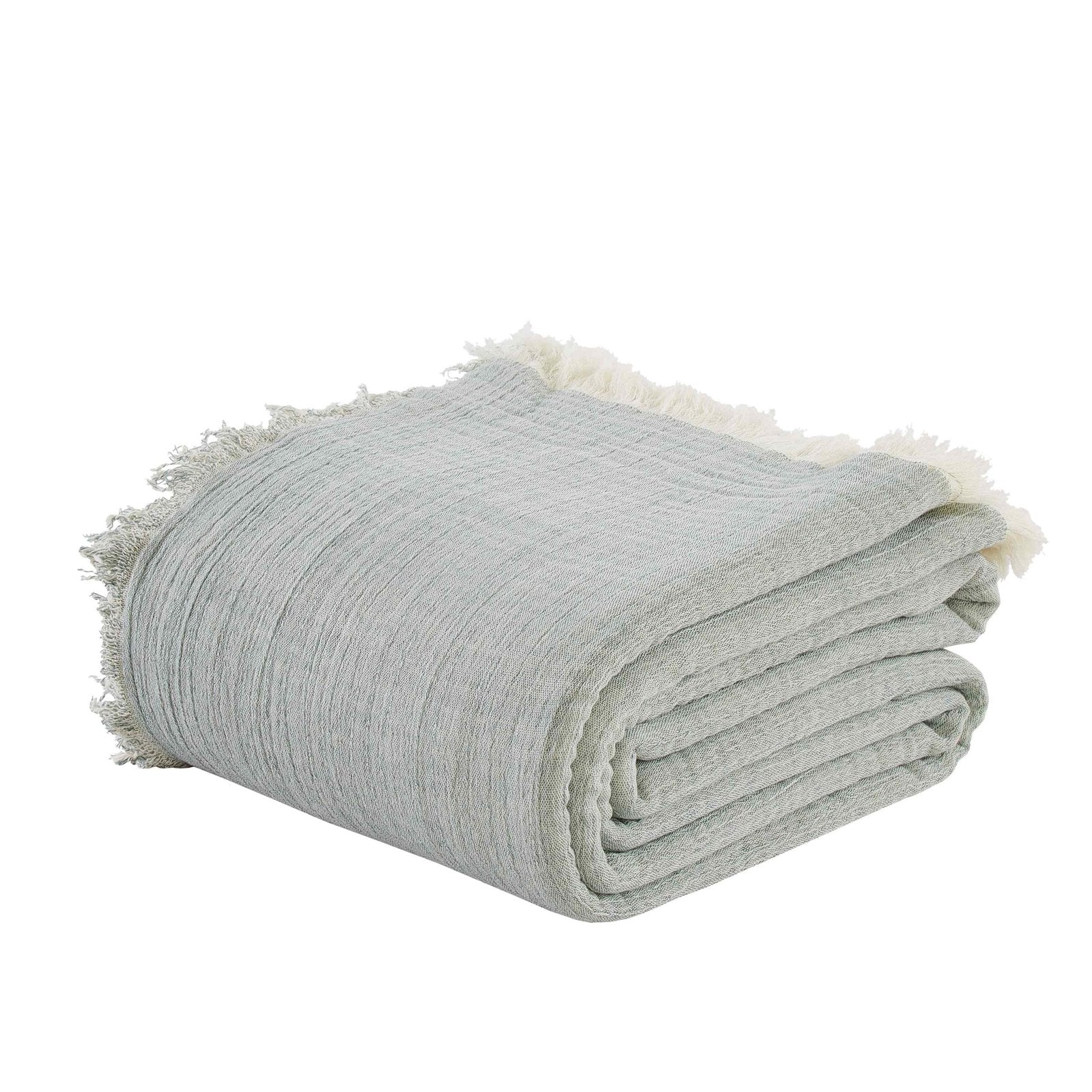 BT-109-11096_3|Folded sage green crinkled blanket with frayed edges, revealing its soft texture and reversible design for relaxed home comfort.