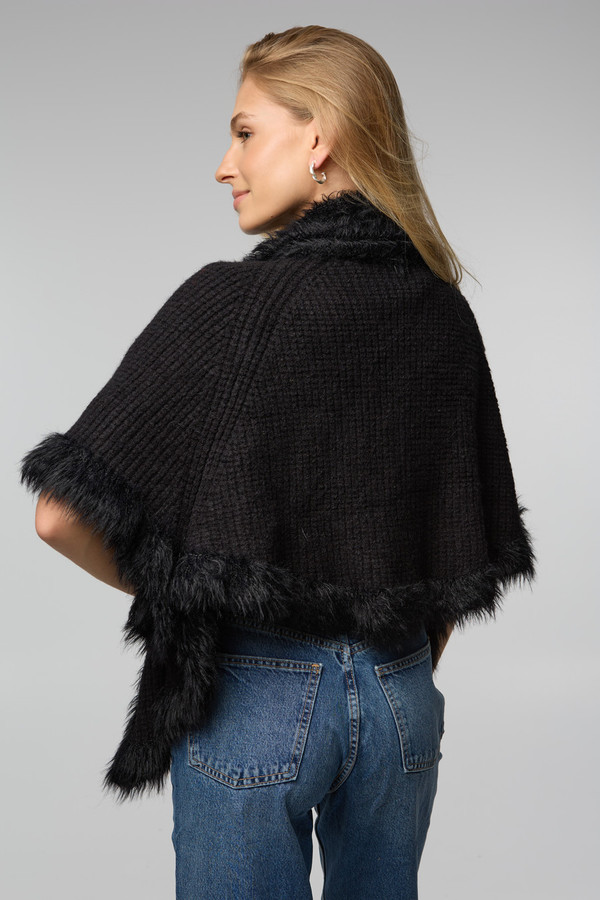 FUR TRIM KNIT OPEN CARDIGAN - Black