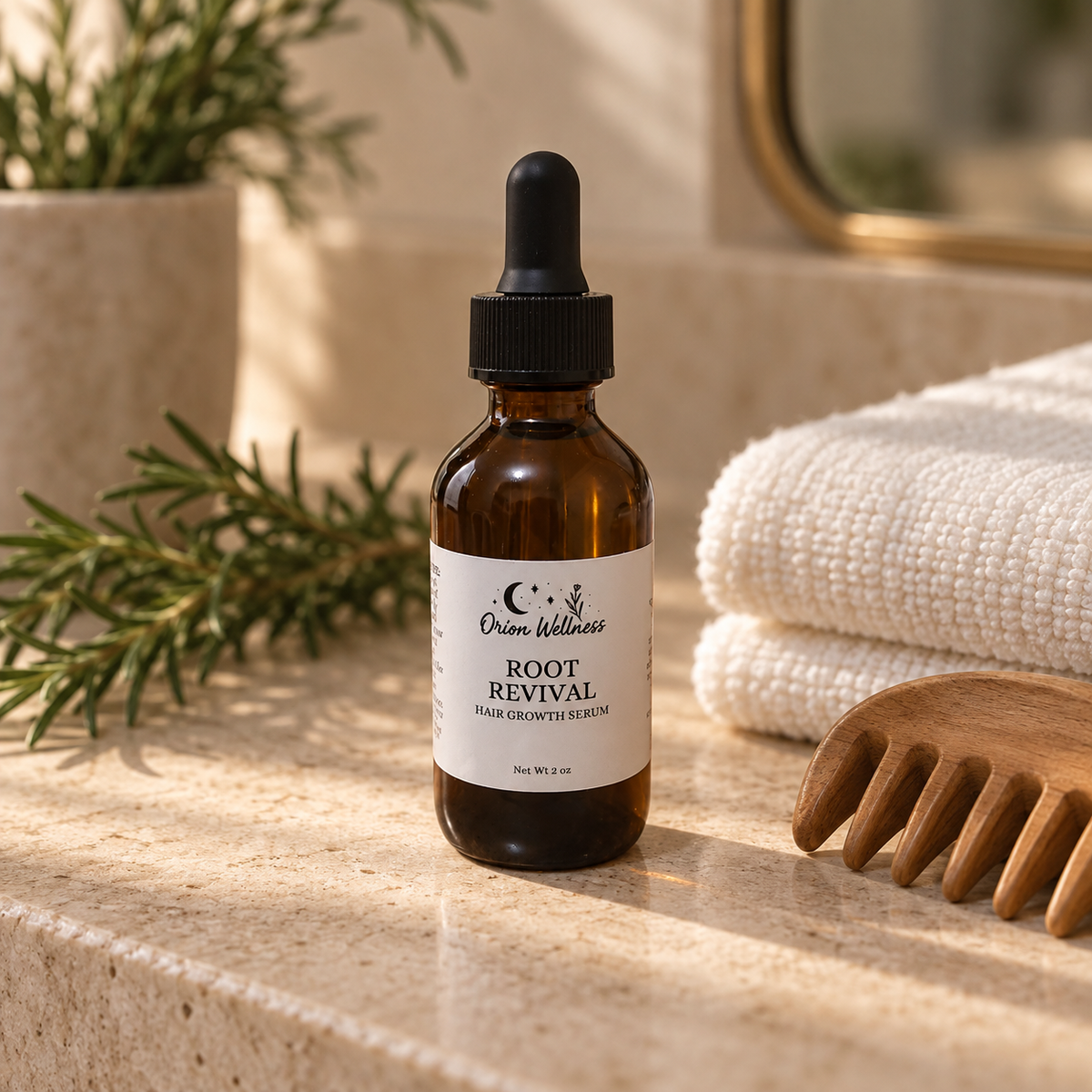 Lifestyle view of Root Revival Hair Oil, included in Scalp + Calm Ritual