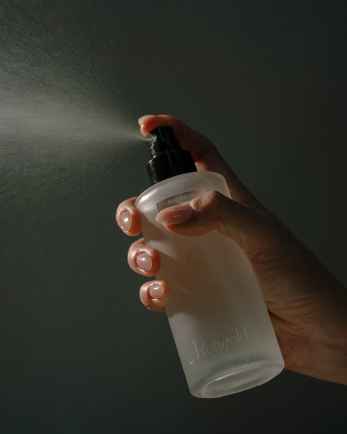 Merigold Rose Water bottle styled on neutral books and wood surface – hydrating, soothing floral toner for dry and sensitive skin. Clean, plant-based skincare.