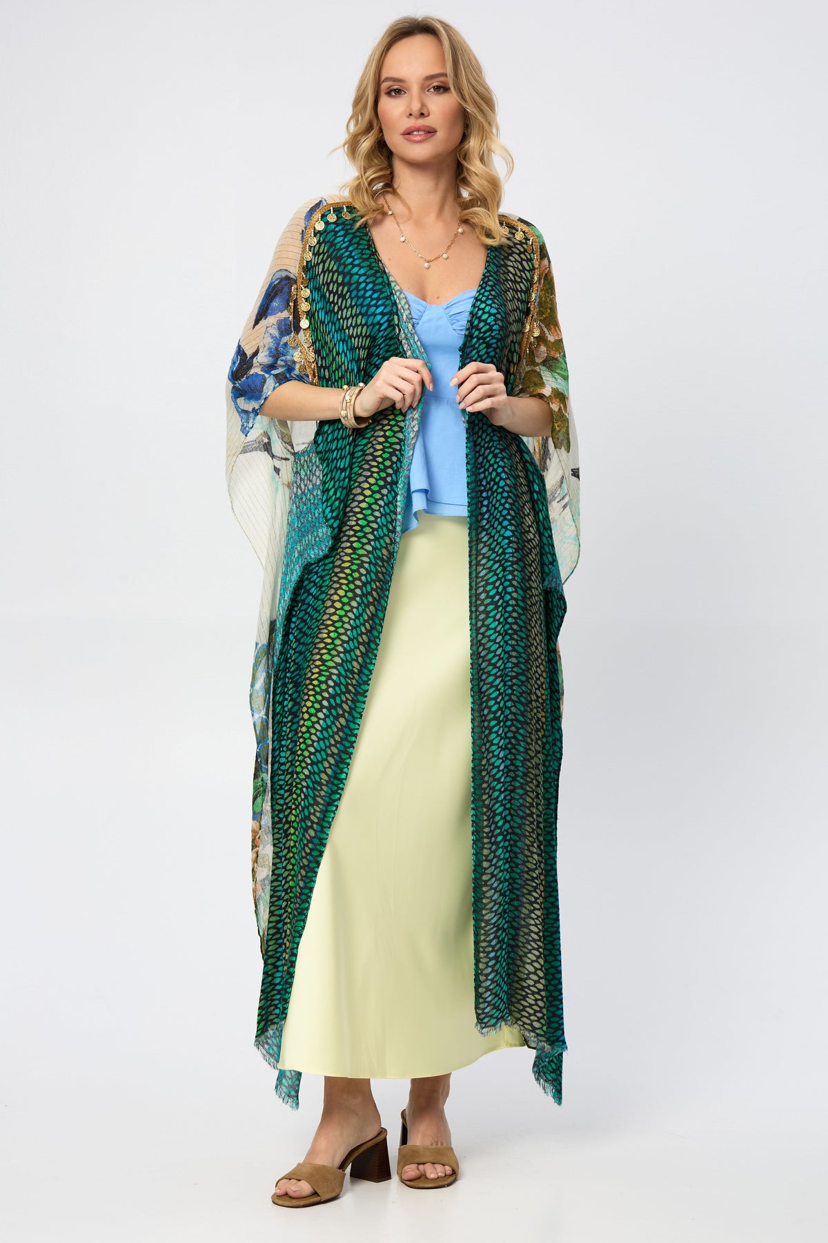 Shimmering Floral Print Kimono - Olive