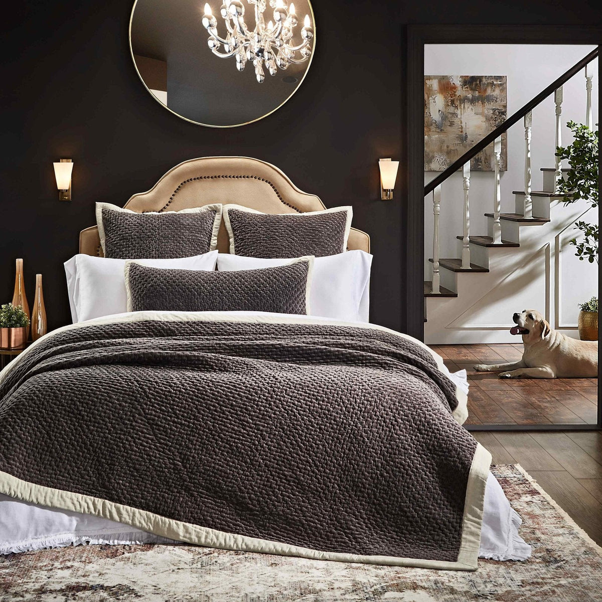 QT-329-9496_3|Brown textured quilt with beige trim on a luxurious bed, adding warmth and style to modern bedroom decor.