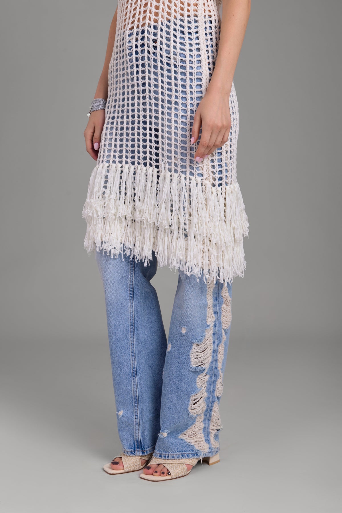 Open Knit Fringe Cover Up Beige