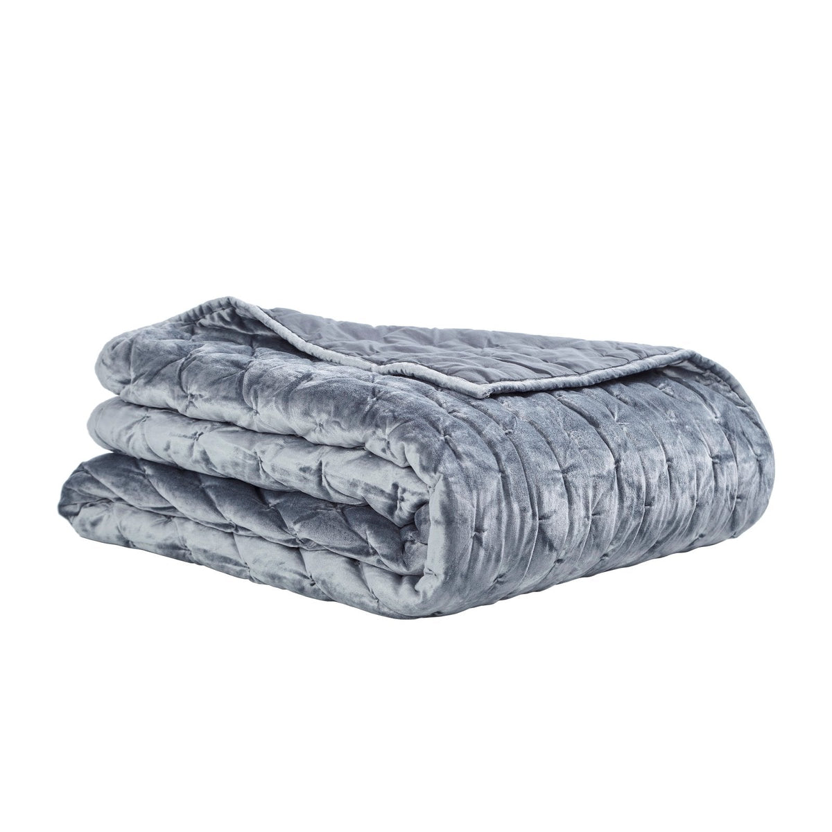 QT-336-11898_4|Soft slate grey velvet pleated quilt, neatly folded, showcasing its luxurious texture and plush comfort. Premium bedding.
