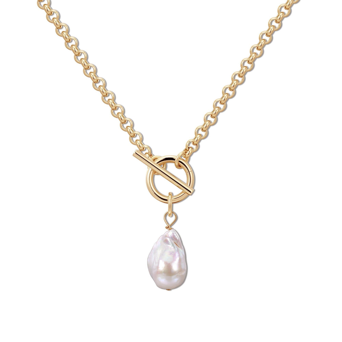 Gold chain necklace with baroque pearl pendant from Micro Royal Toggle & XL Baroque Pearl Pendant Necklace