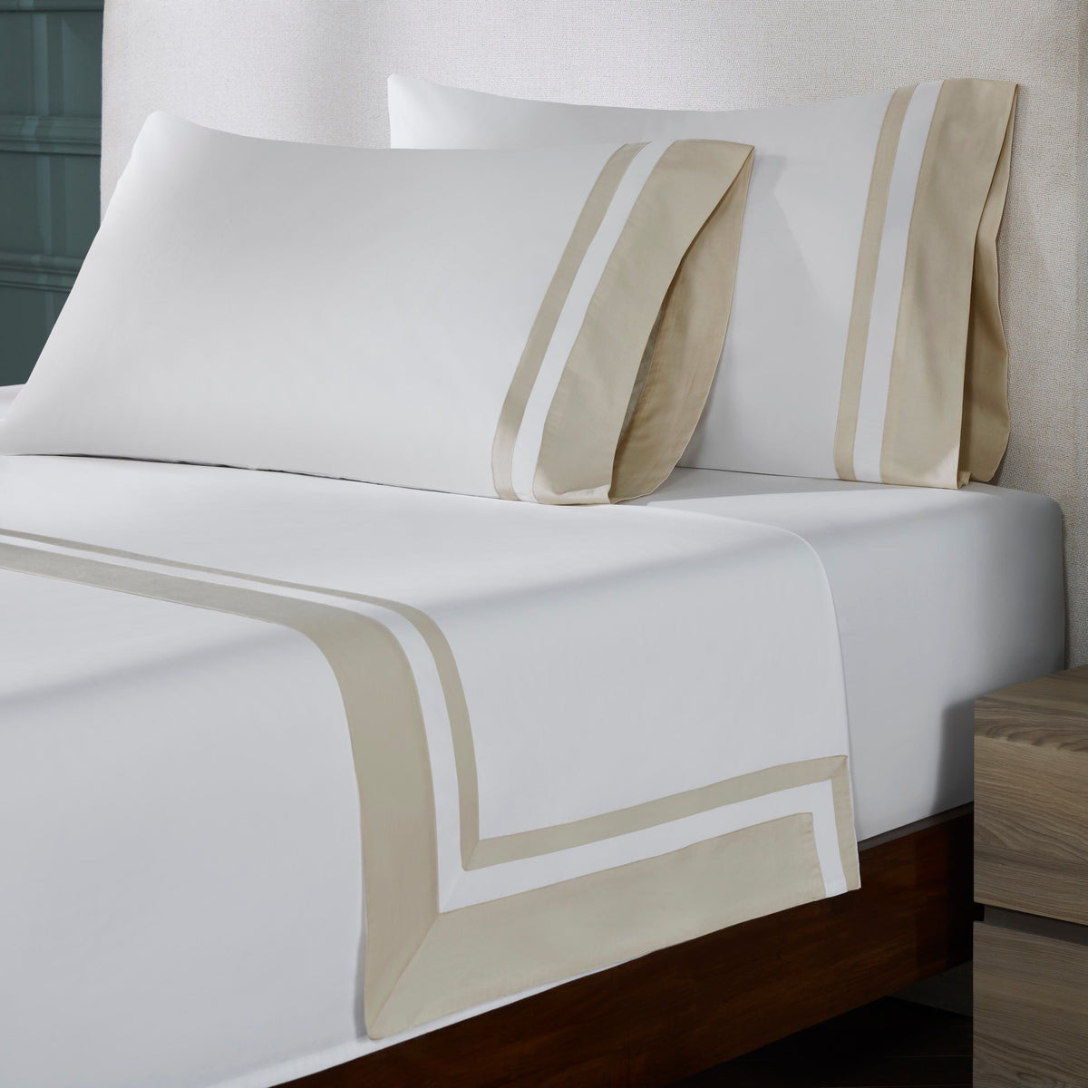 KFL-543-7880_2|Close-up of premium 100% cotton sheets and pillowcases, featuring elegant white with double beige stripe accent.