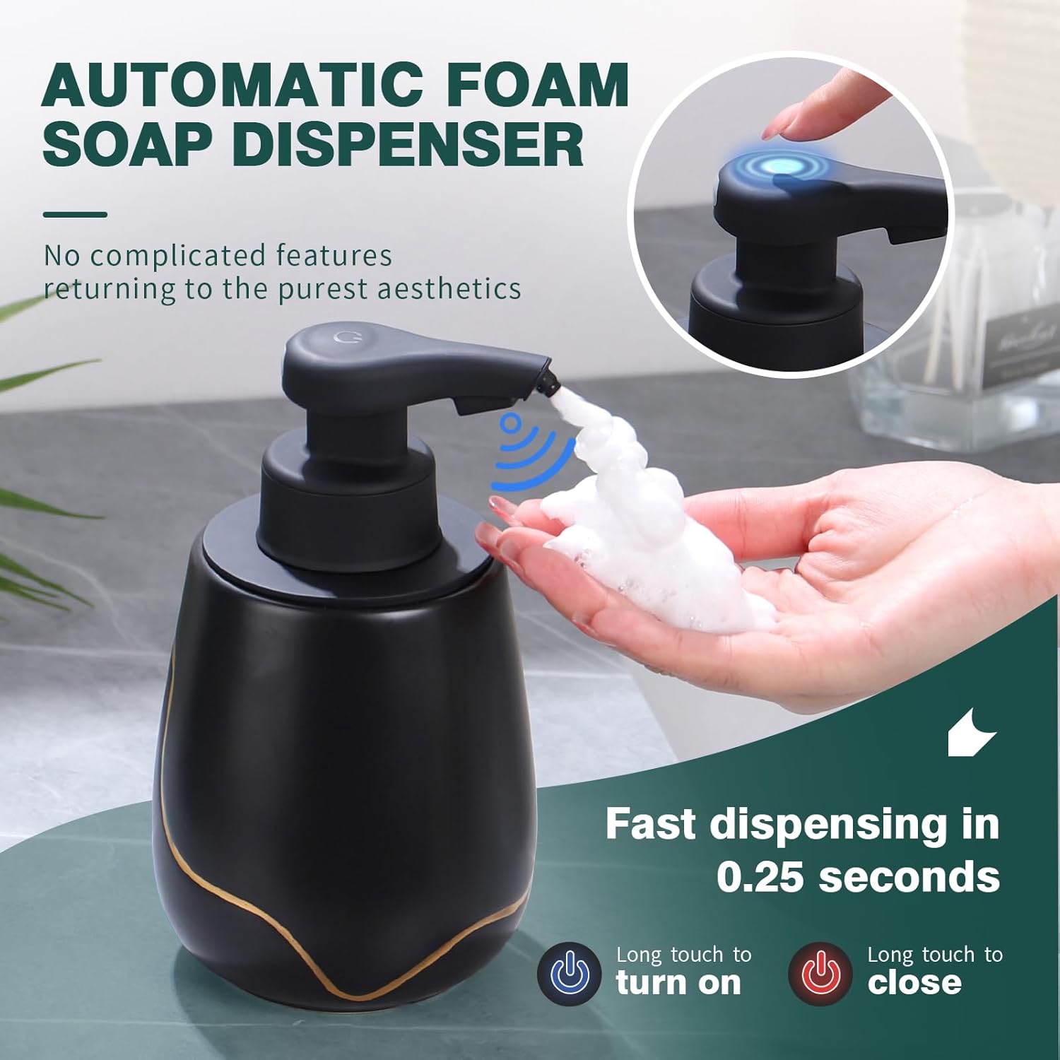 Feature guide for the matte black and gold BosilunLife Nordic Garden automatic foaming soap dispenser, demonstrating fast touchless dispensing in 0.25 seconds and a simple top-touch control button requiring a long touch to turn on or off.