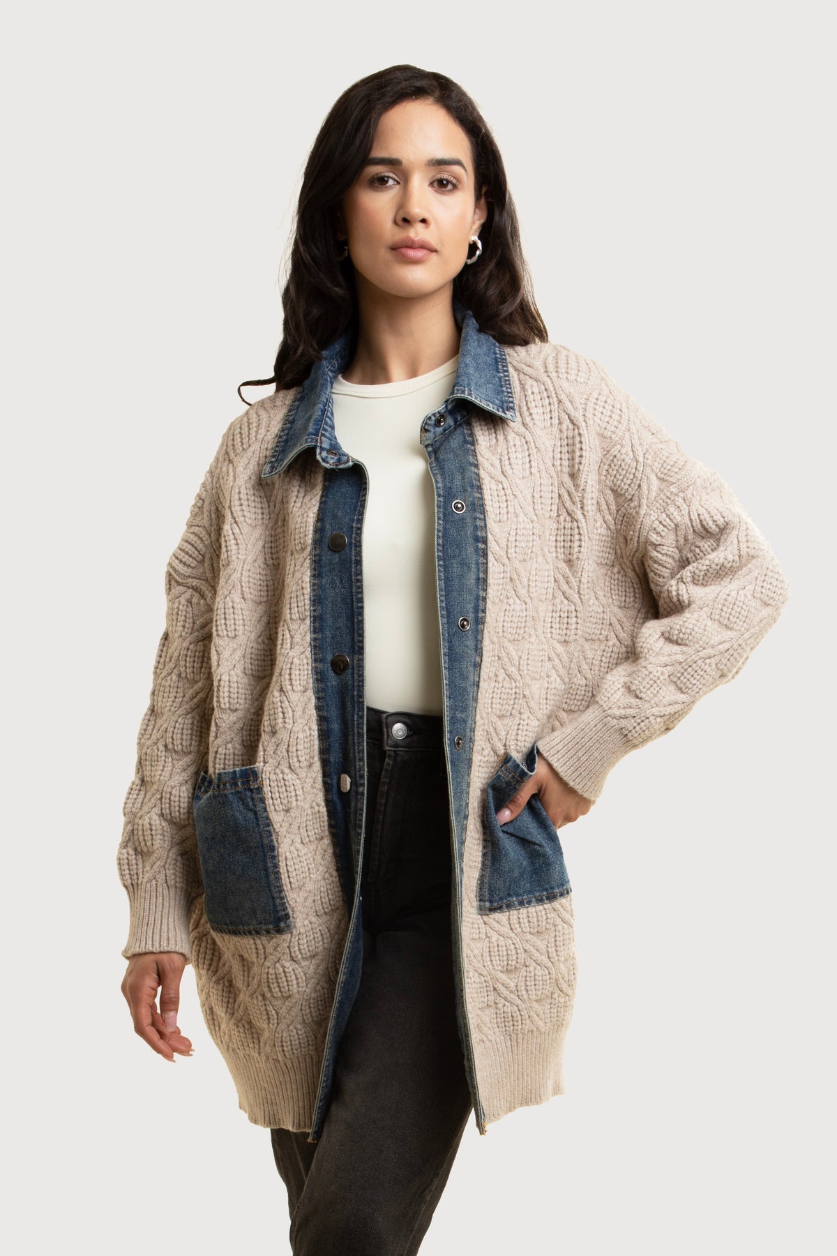 Denim Collar Sweater Jacket - Beige