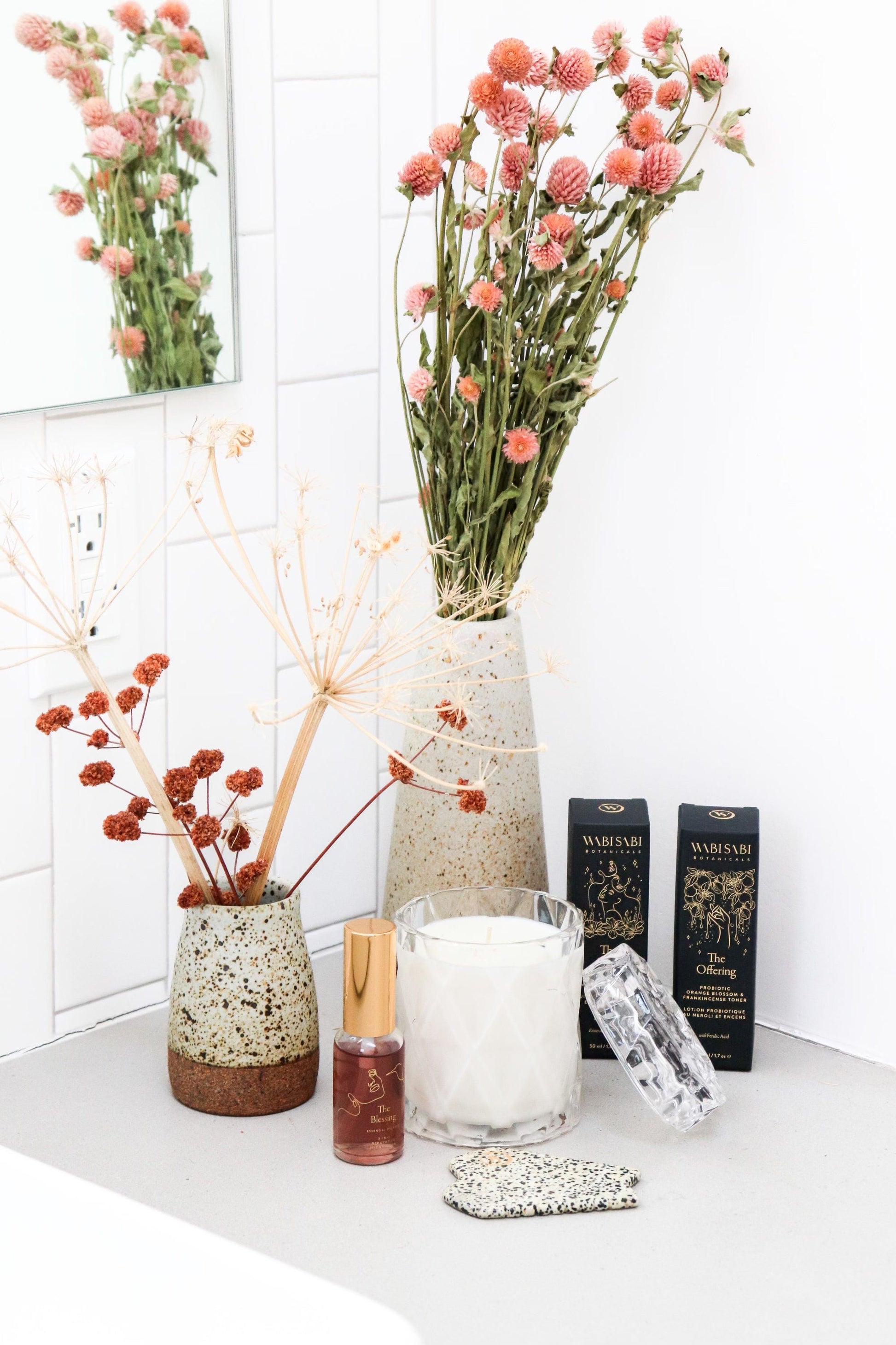 bathroom decor with coconut wax candles in clear glass jar with lid