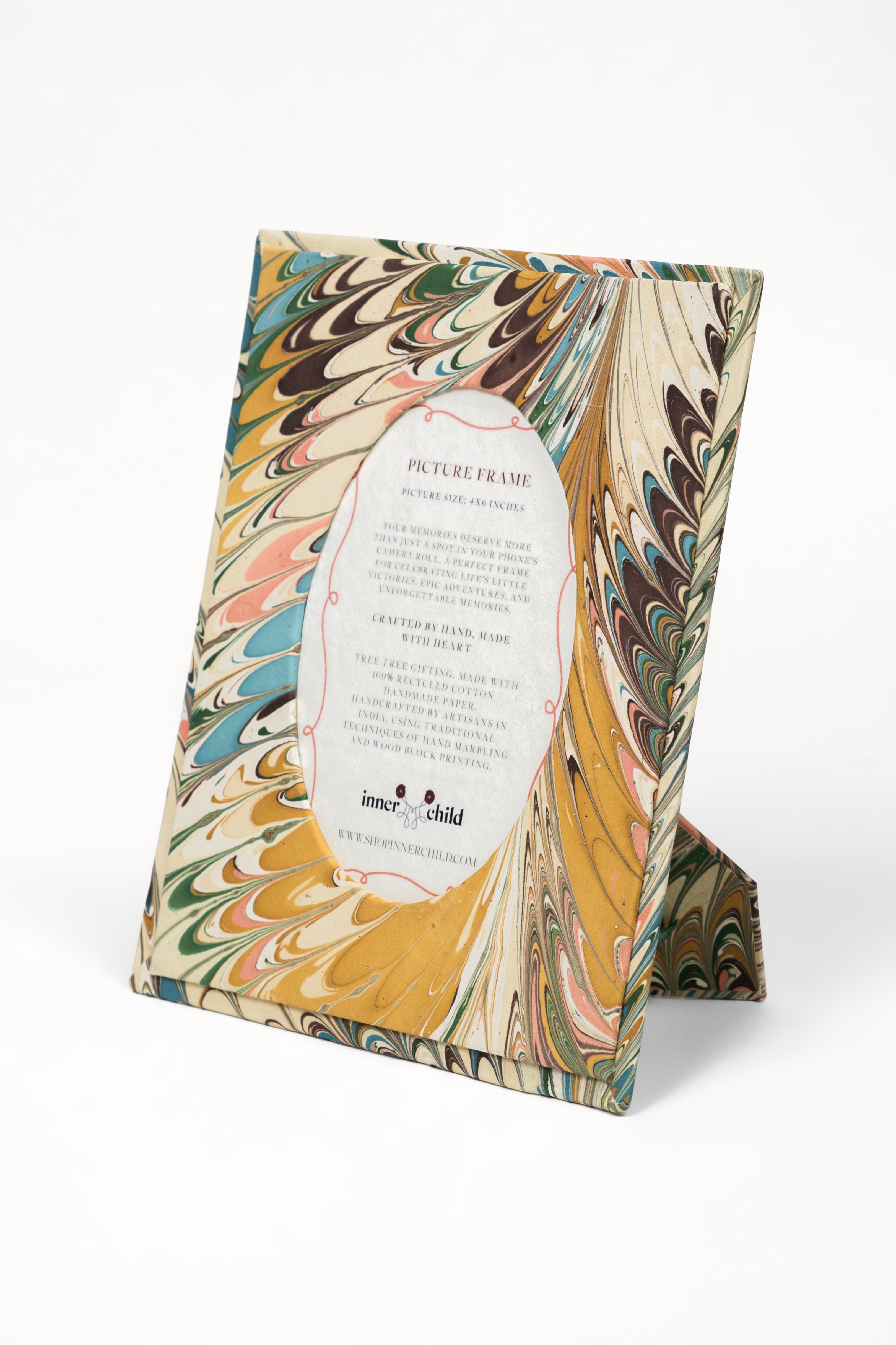 Hand-marbled flatiron feathers picture frame with oval opening, 4x6 inches