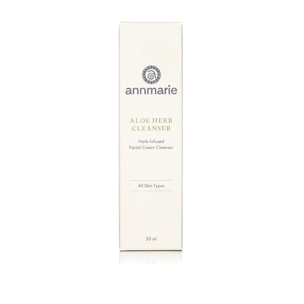 Annmarie Aloe Herb Cleanser herb-infused facial cream cleanser box for the bottle for all skin types featured on with a white plain background.
