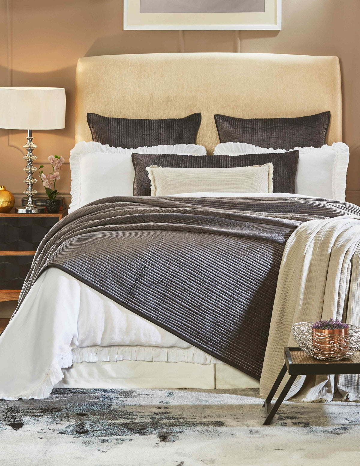 CL-153-11898_2|Stylish dark grey quilted coverlet on a king-size bed, enhancing the cozy feel of a well-appointed bedroom.