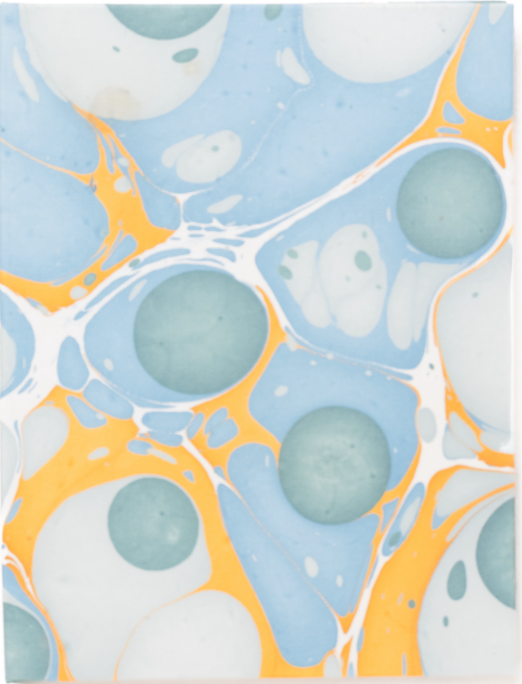Hand marbled 4x6 picture frame book with grey, blue, orange patterns, Inner Child design