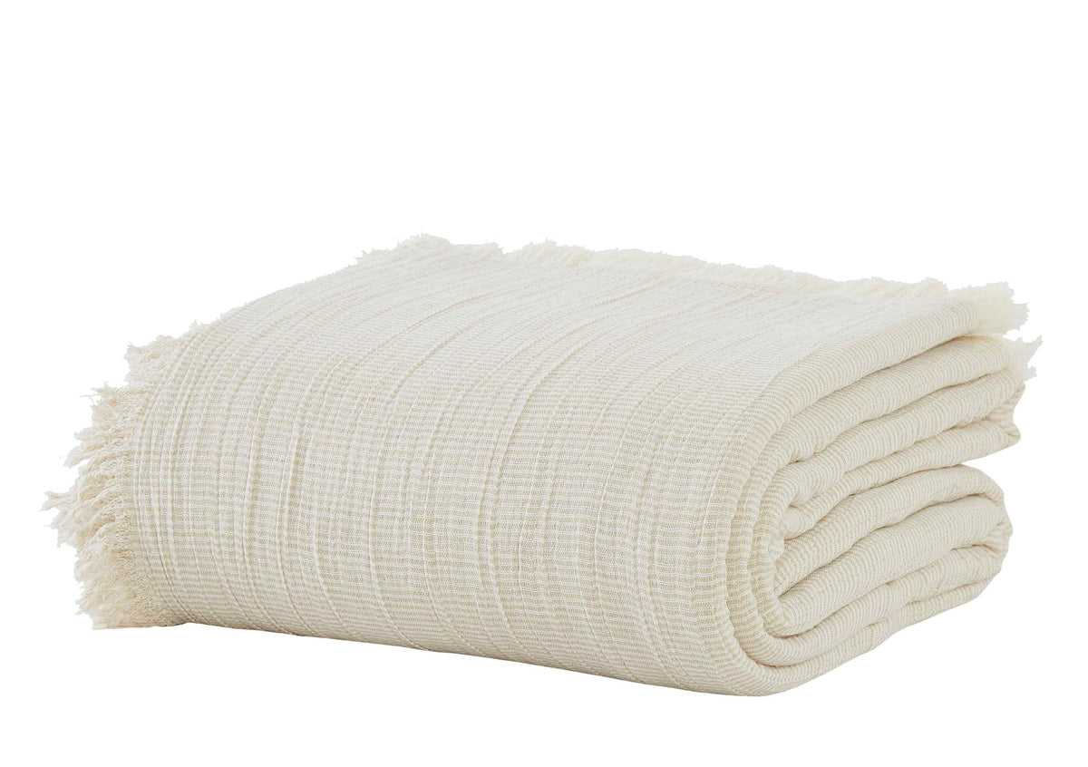 BT-115-11096_3|Neatly folded cream striped blanket featuring delicate fringe edges, ideal for adding a touch of cozy elegance to any living space.