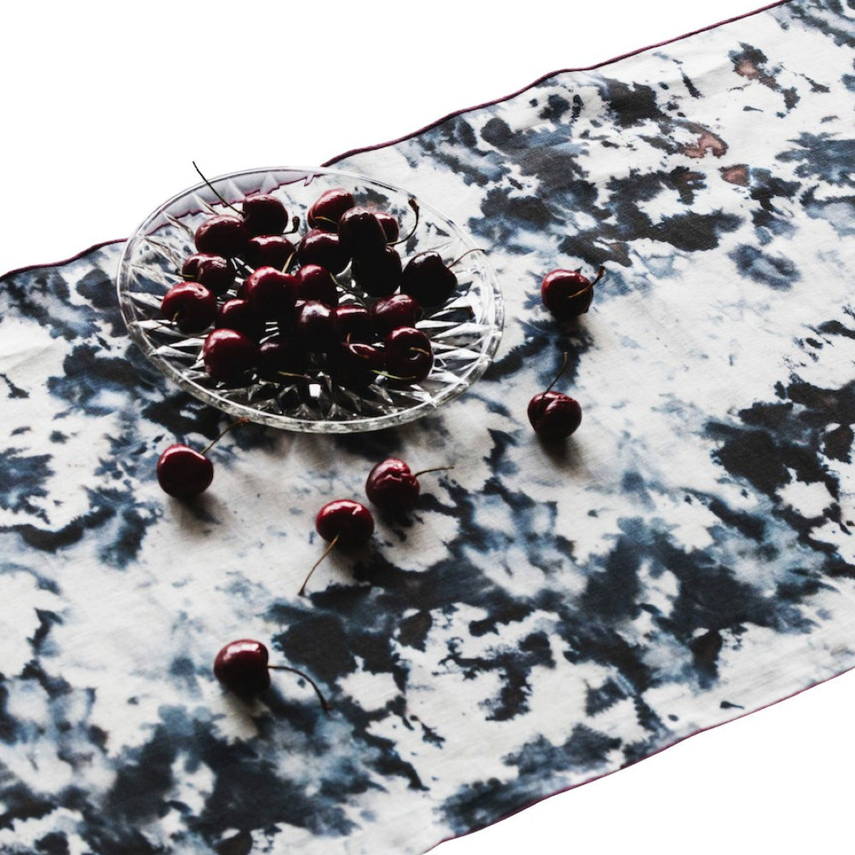 Grey Marble linen table runner 16x90 with swirling grey black and blue pattern - Goldie Home