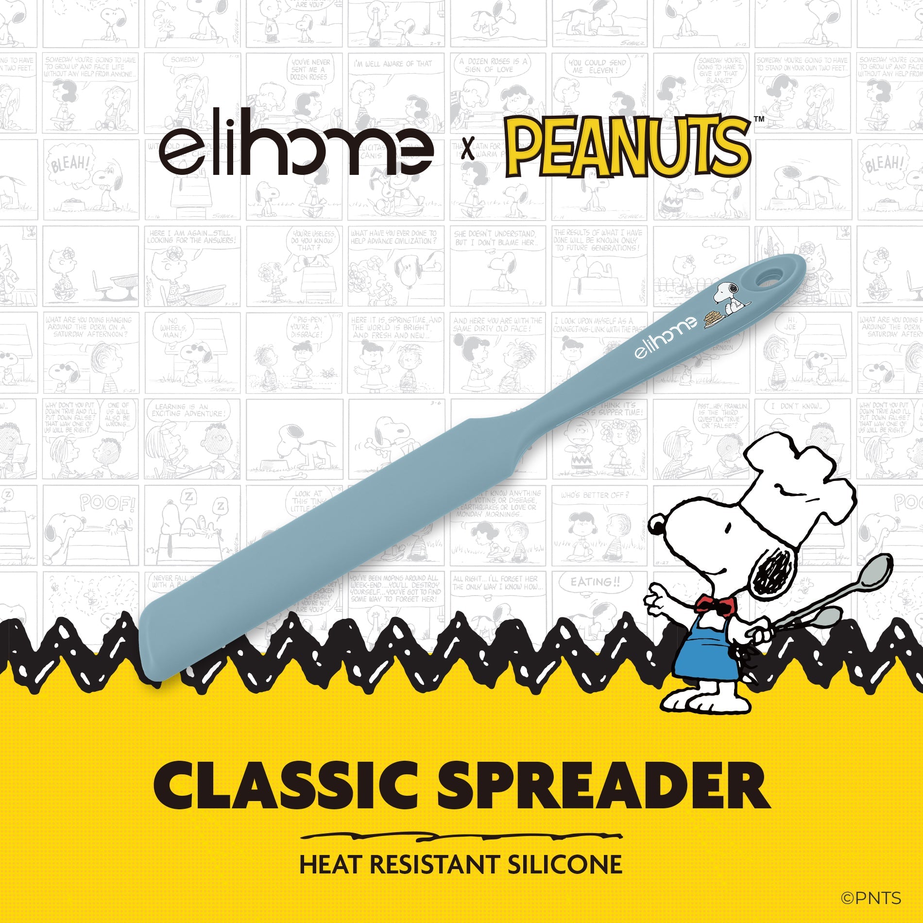 Elihome x Peanuts classic spreader with Snoopy illustration on a branded background
