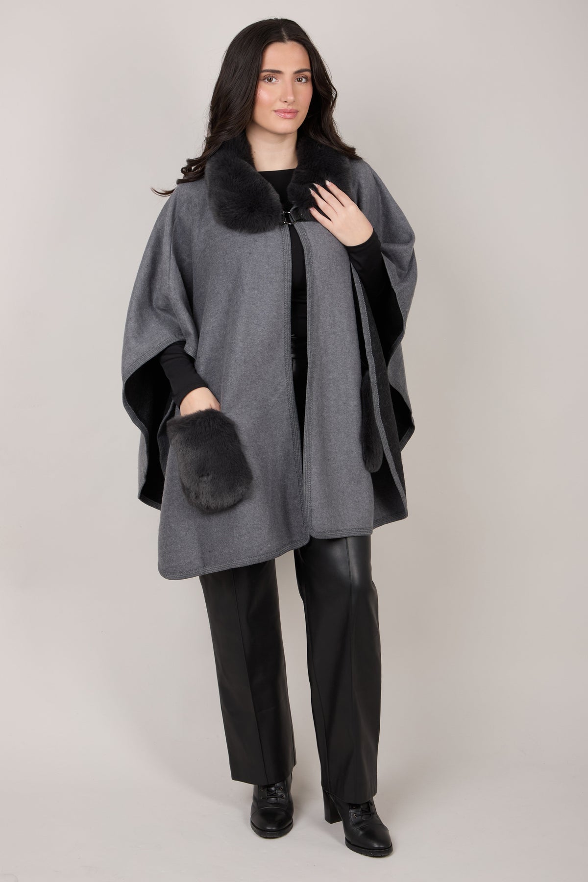 Faux Fur Pocket Kimono - Dark Gray