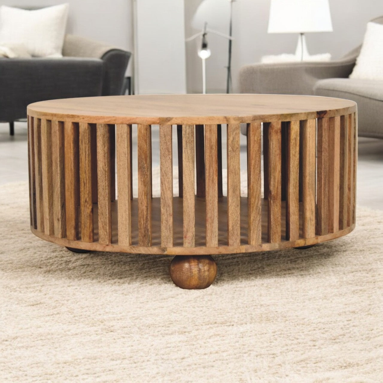 Solid Wood Slatted Round Coffee Table, Oak-ish, Light Brown