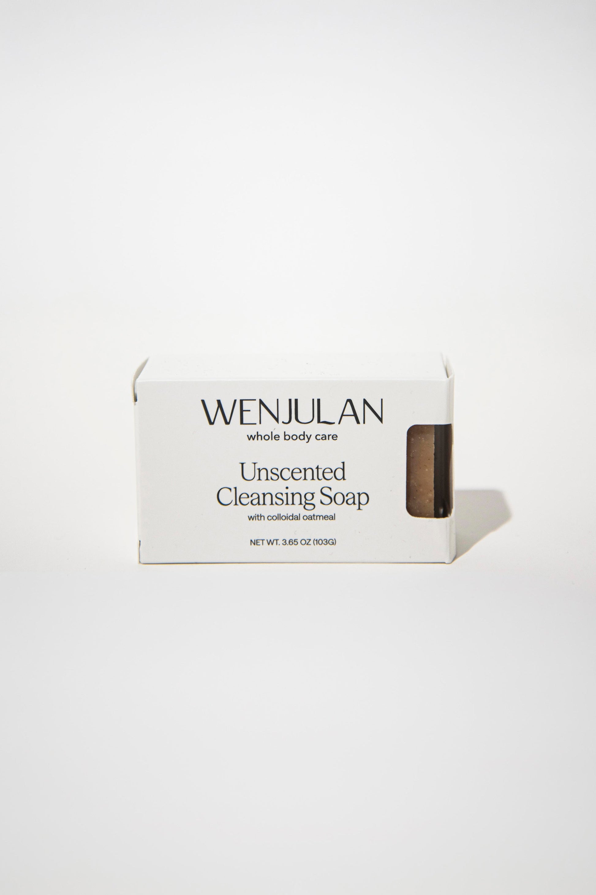 Wenjulan Whole Body Care Unscented Cleansing Soap with Colloidal Oatmeal bar front side of packaging on white background