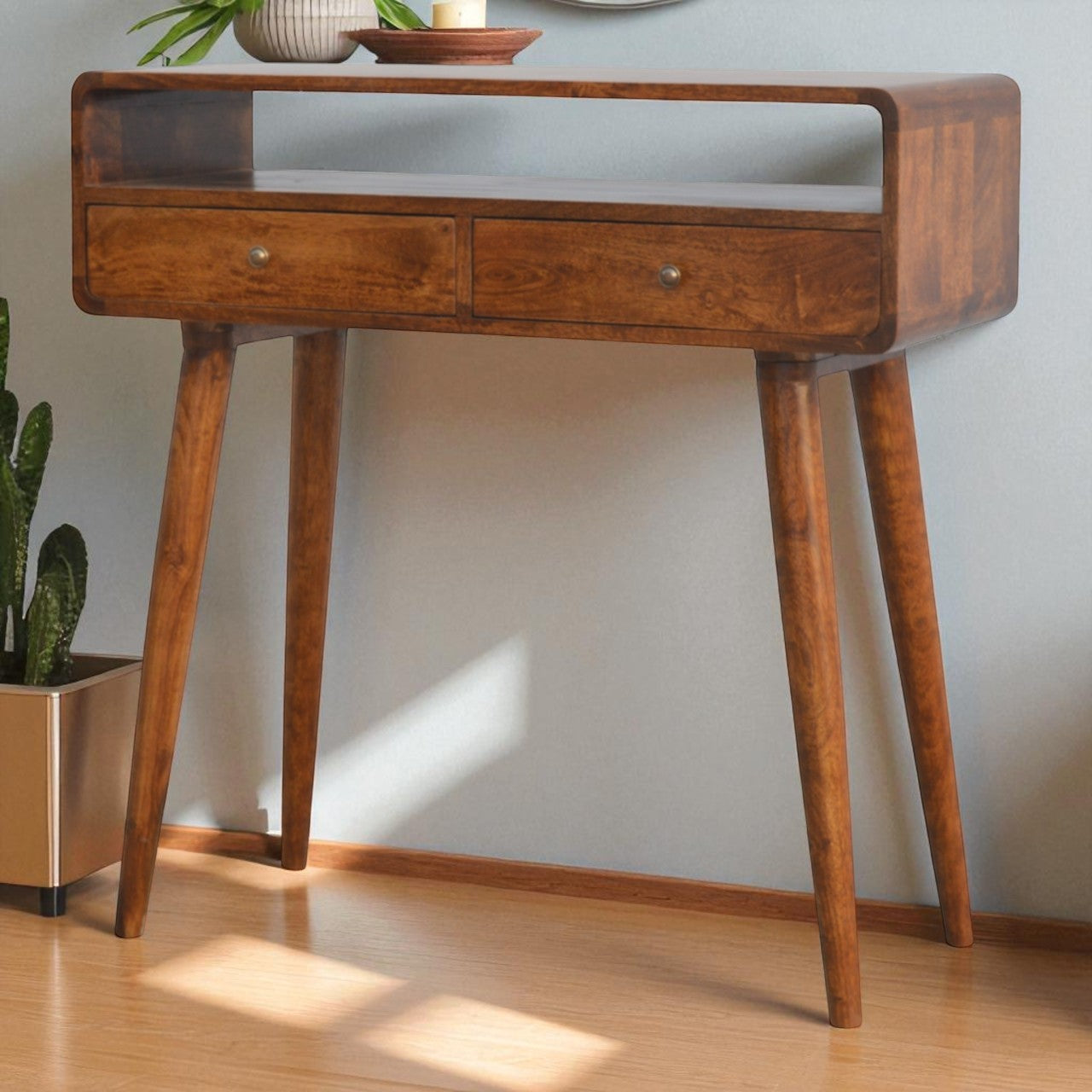Curved Chestnut Console Table, 2-Drawers, 1 Open-Storage, Brown
