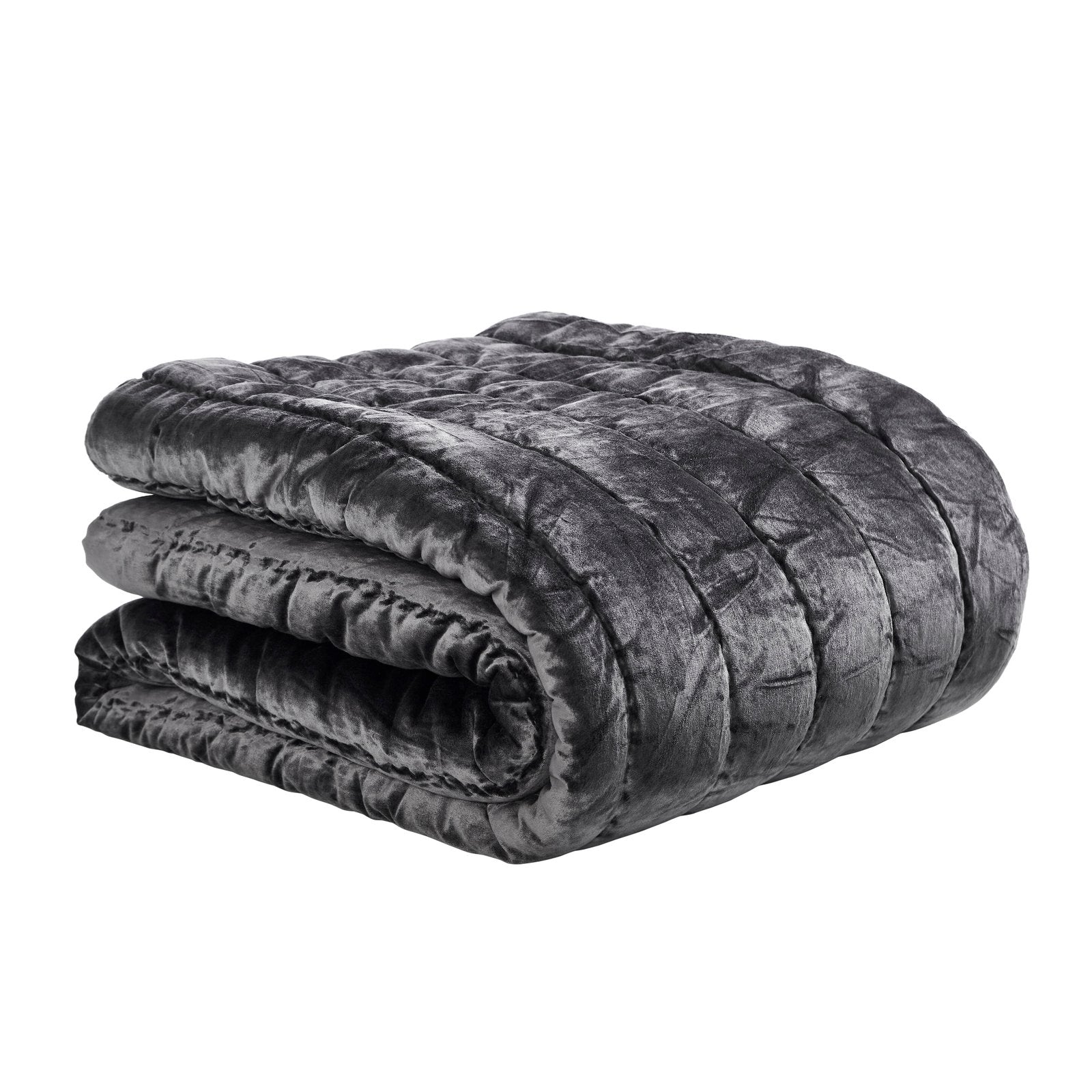 QT-338-9496-LOT1_4|Soft, folded dark grey velvet quilt with a unique horizontal gathered pattern, perfect for adding texture and warmth anywhere.