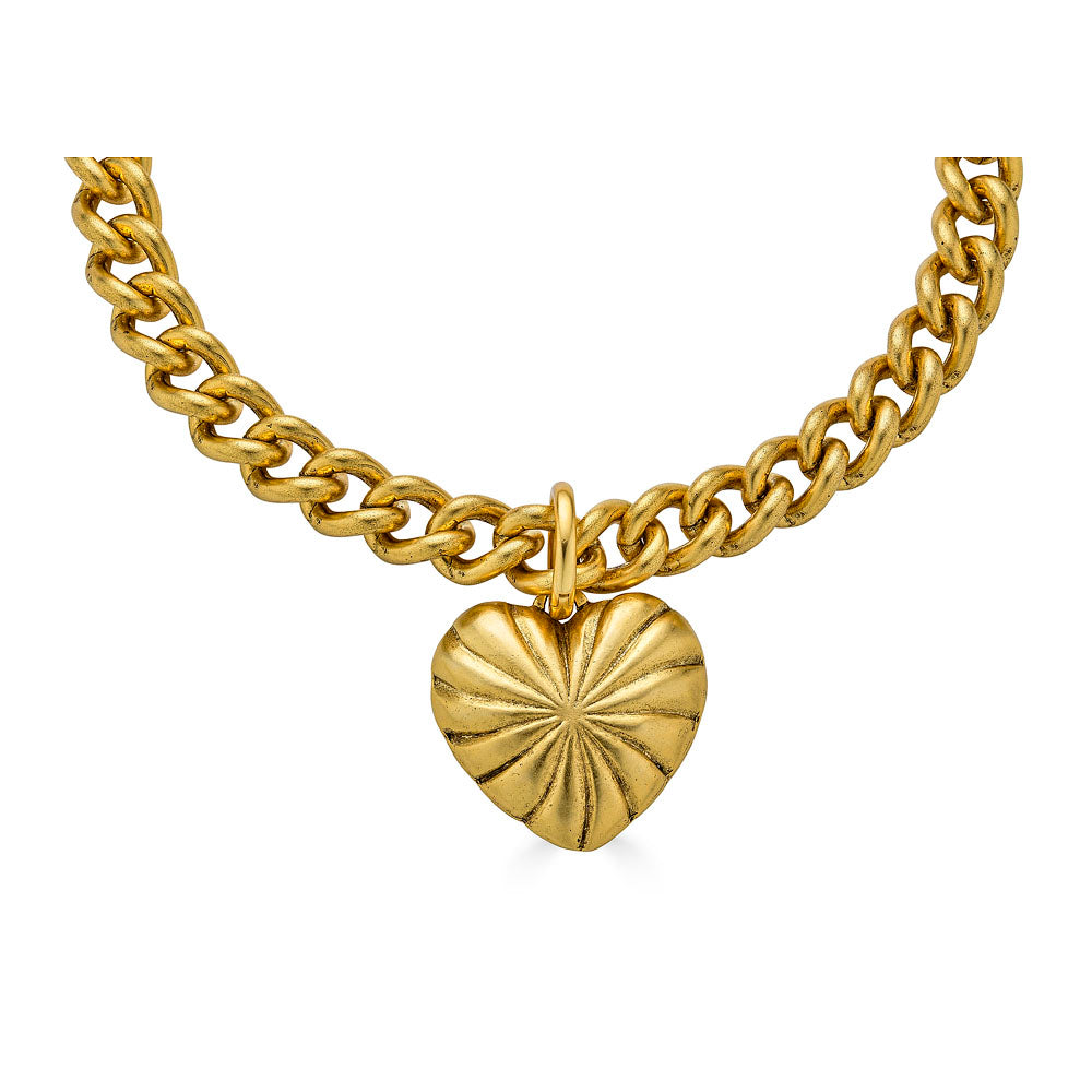 Grateful Heart Necklace with sculpted gold heart pendant on chunky antique-finish chain, handmade by Loni Paul Jewelry.