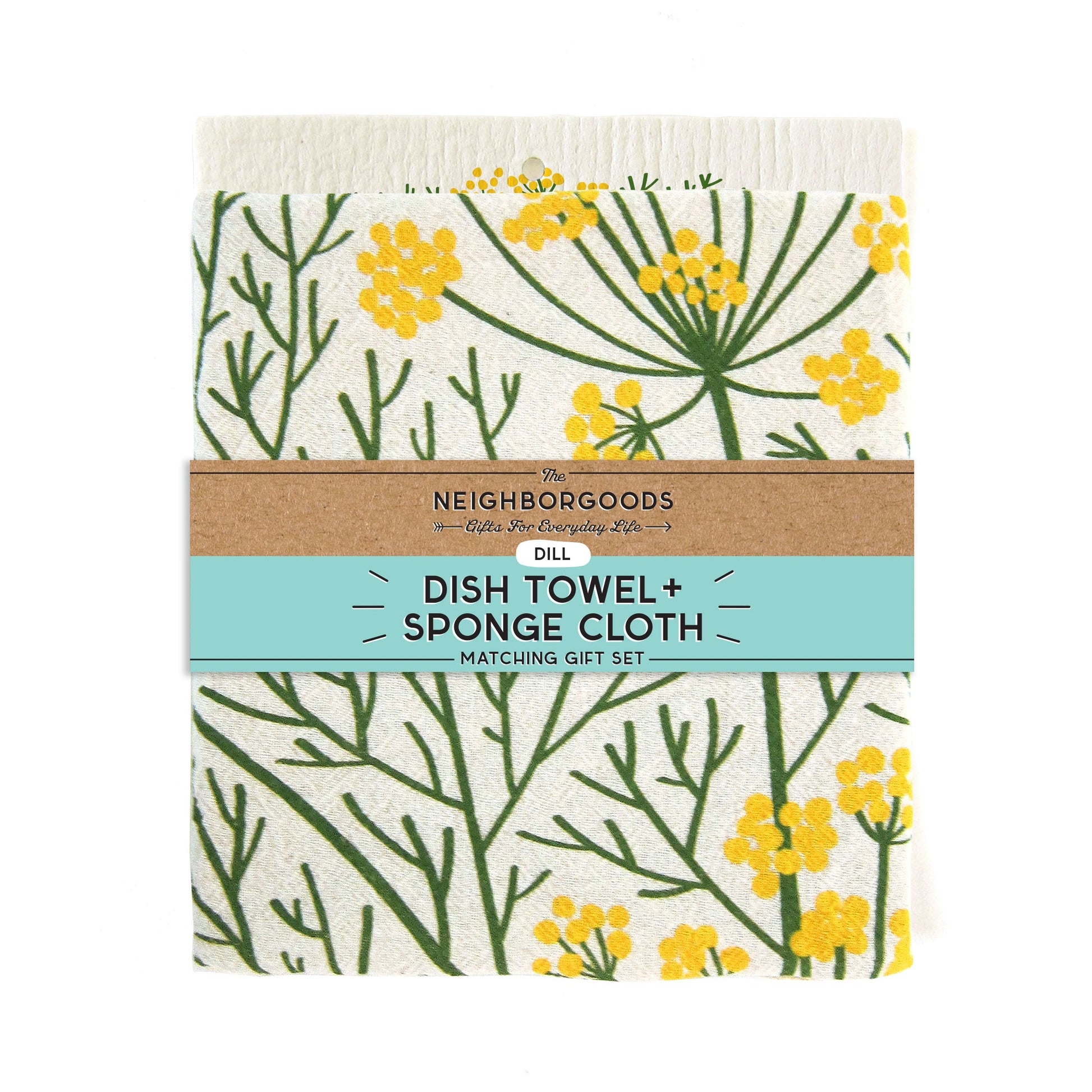 Back of matching dish towel and sponge cloth set with dill design