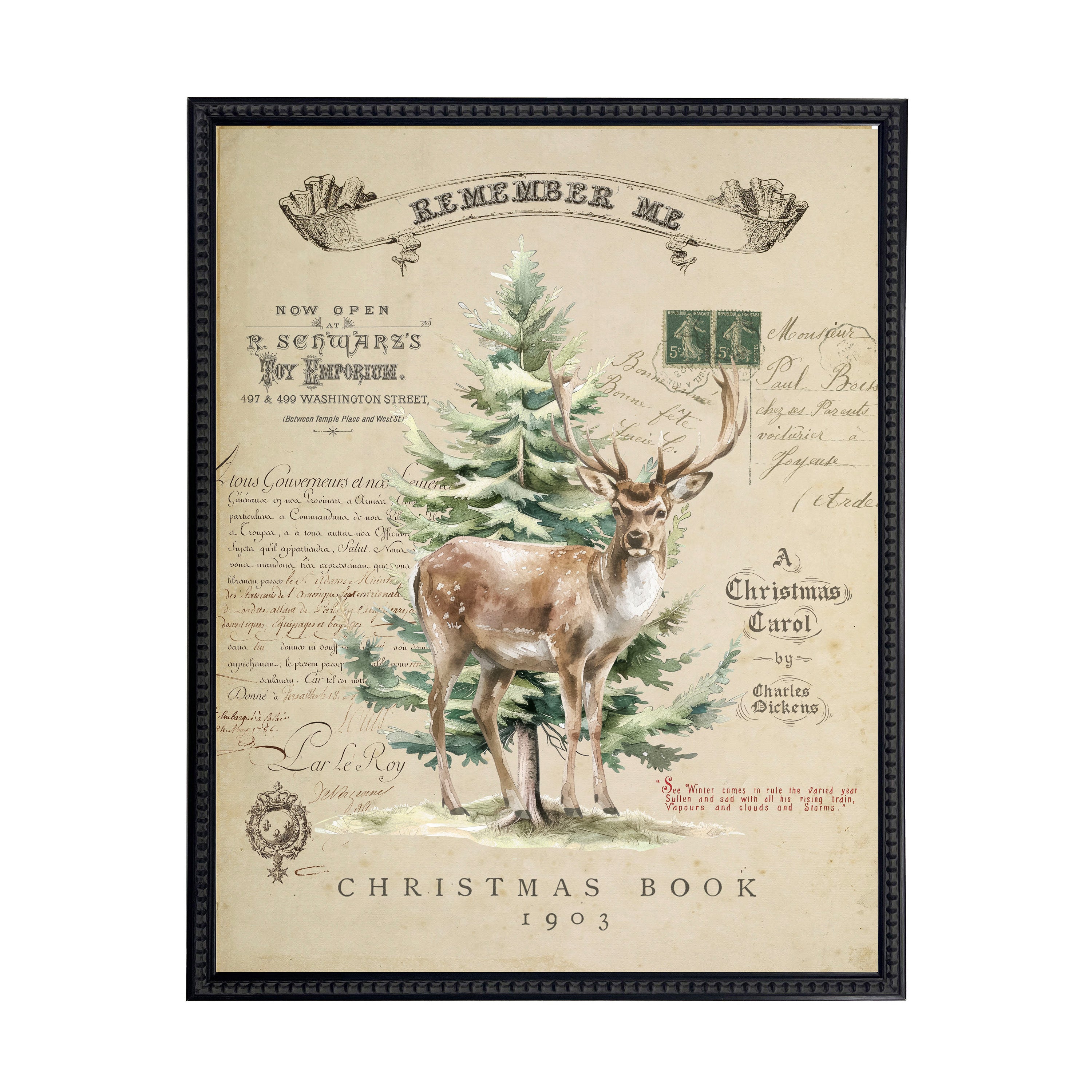 Vintage Painting of a Deer and Tree on a distressed bookplate background