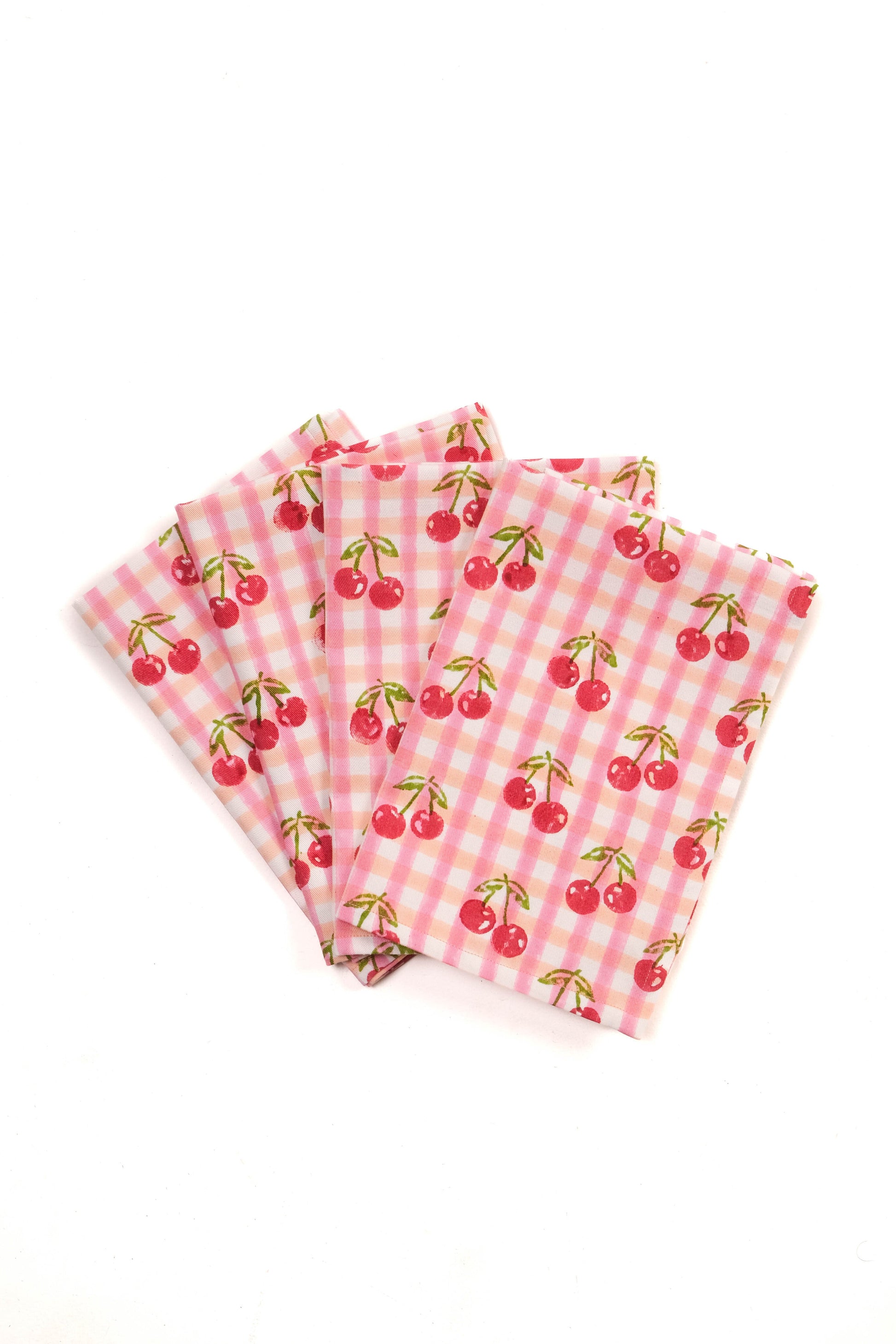 Cherry blockprint napkins in red gingham pattern, set of 4