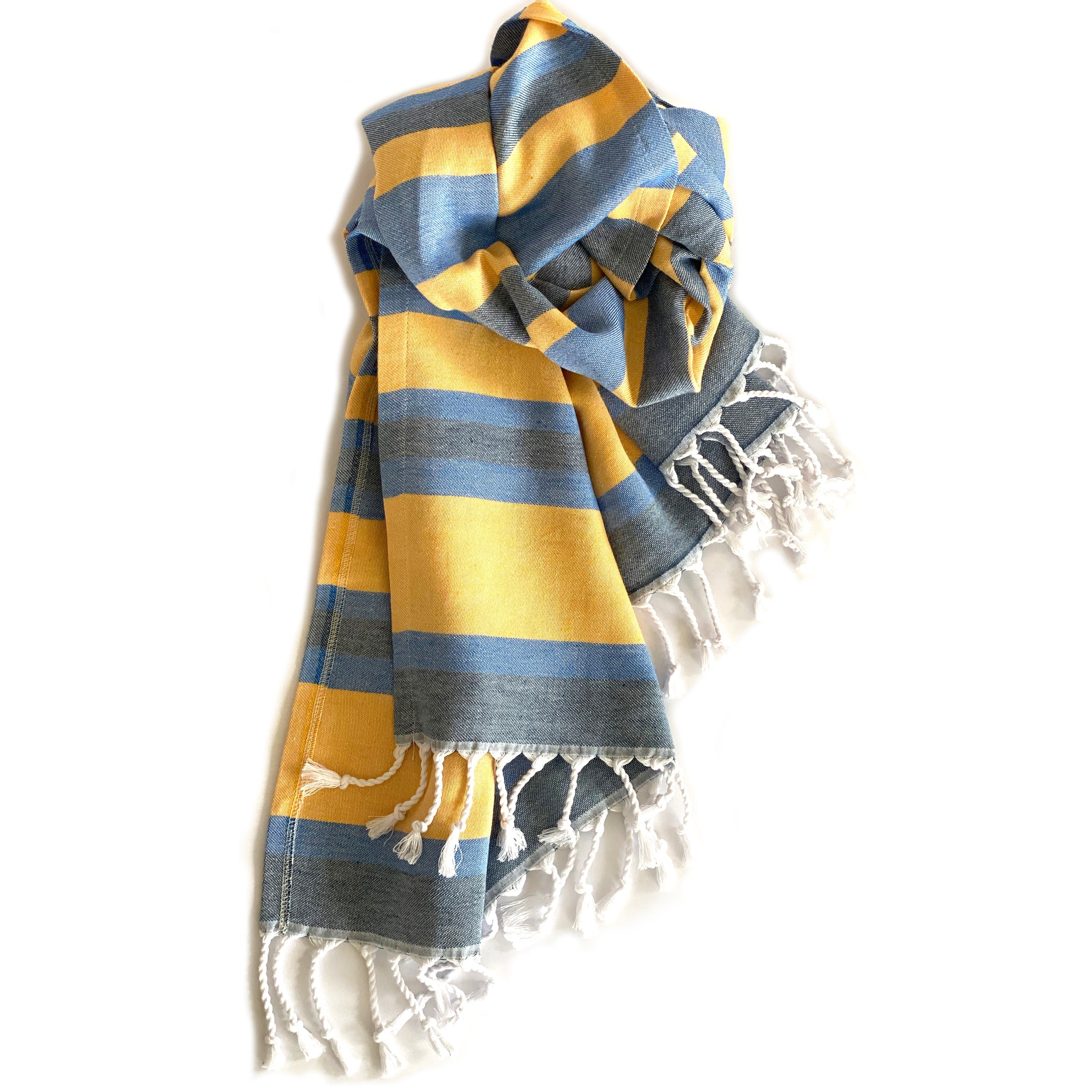 Samara Striped Blue & Yellow Turkish Towel - Thumbnail 3