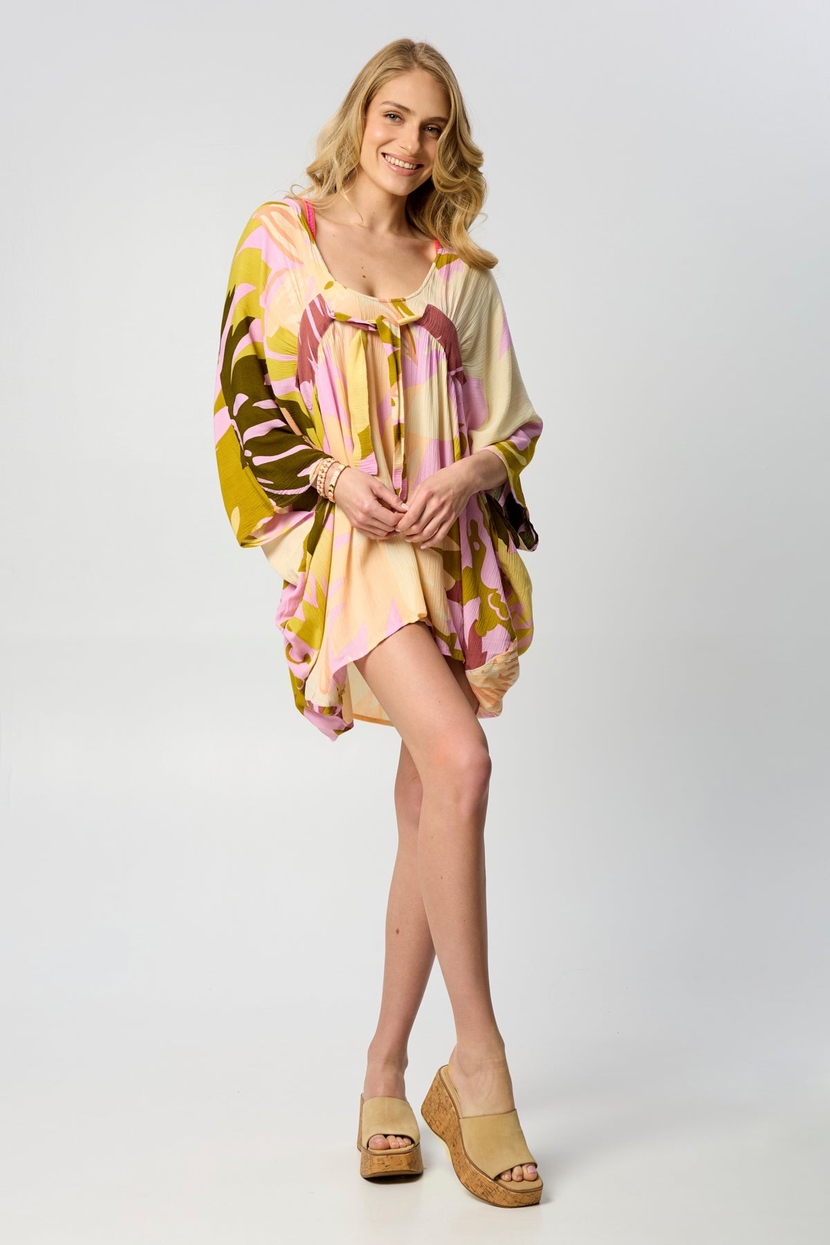 Multicolor Floral Short Kaftan - Cream