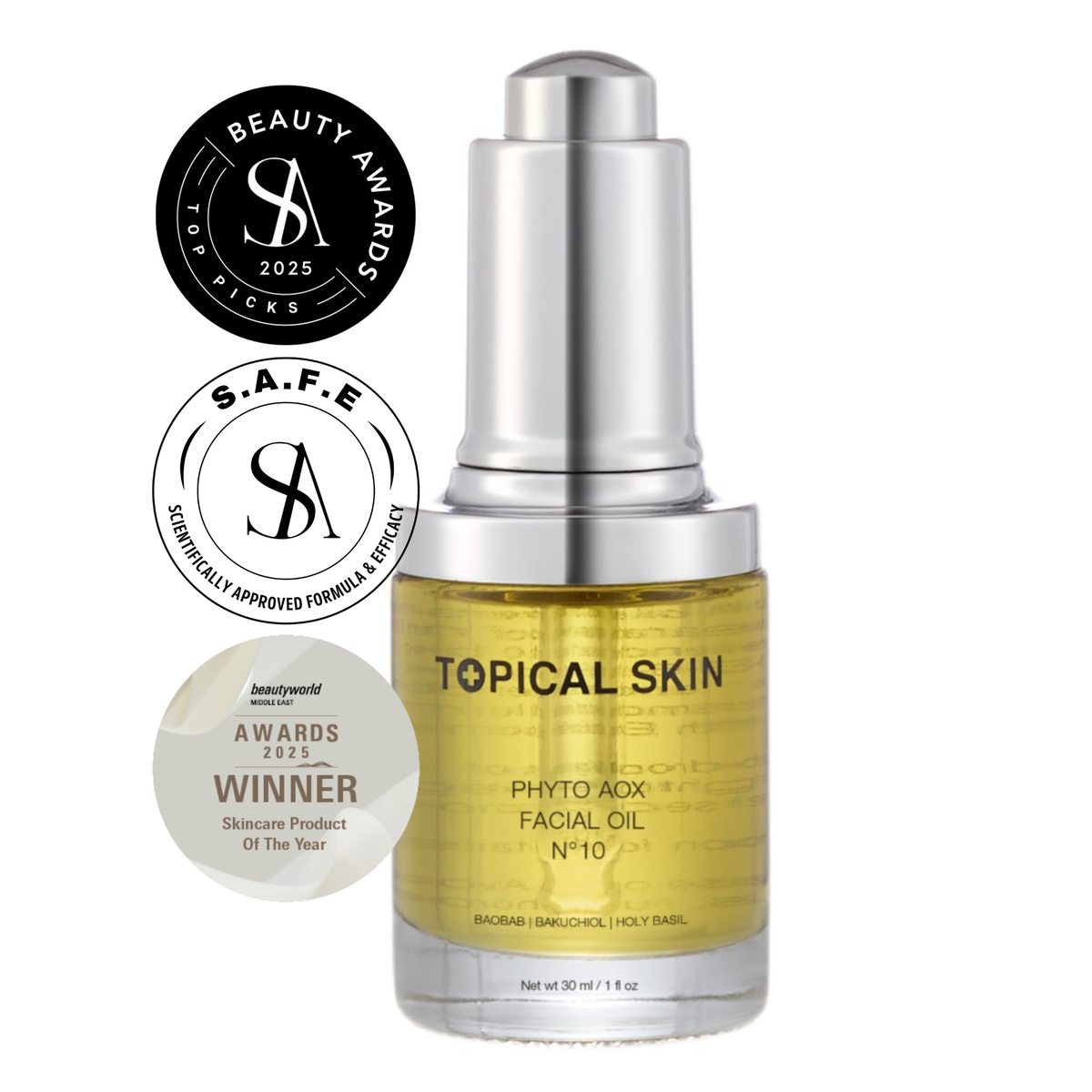 Phyto AOX Facial Oil N°10 by TOPICAL SKIN CLEAN DERMACEUTICALS golden amber facial oil with Exposome Defense Technology