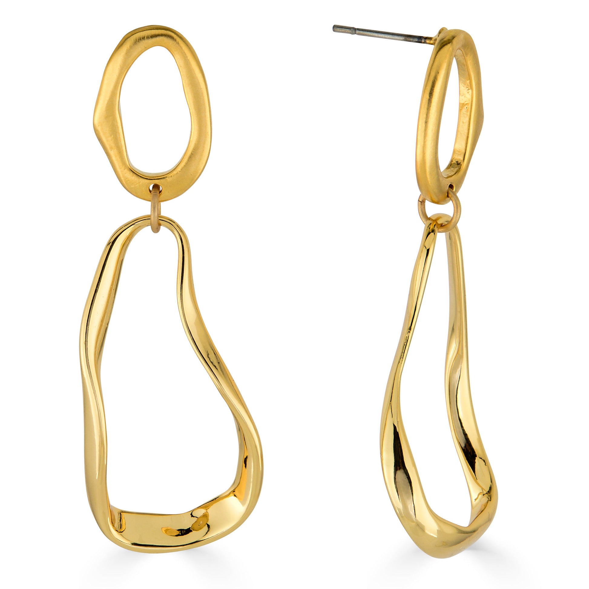 Gold organic shape drop earrings with abstract open sculptural design.