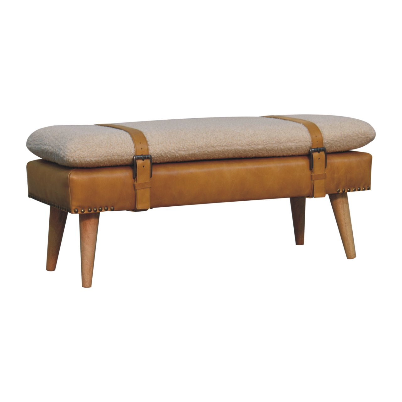 Bouclé Buffalo Hide Leather Upholstered Bench