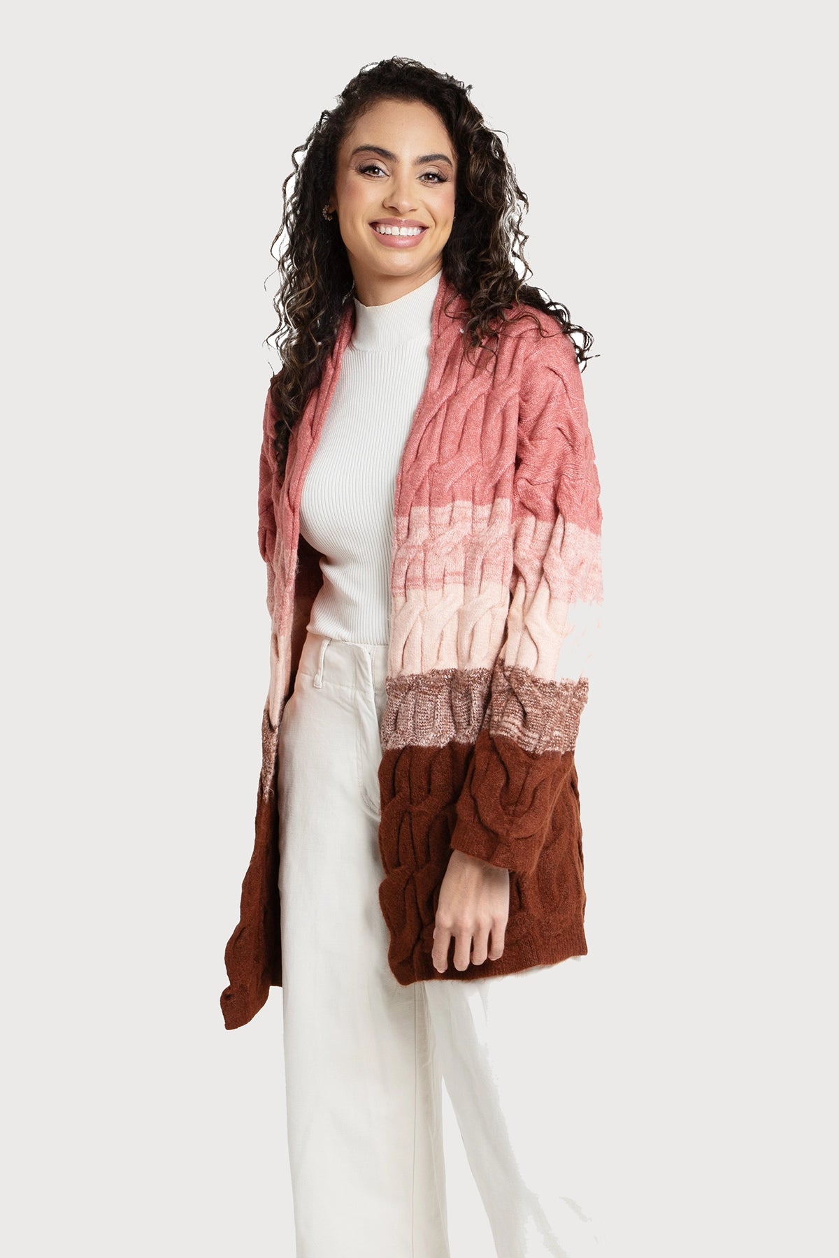 Cable Knit Color Block Cardigan - Dark Salmon