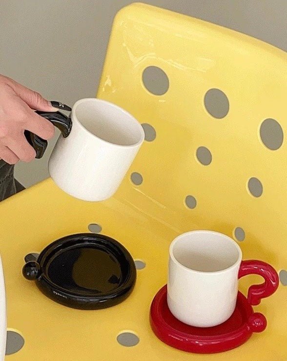 Handmade !? Ceramic Coffee Mug with Saucer - Unique Cute Funny Novelty Mugs - Mugs - !? Ceramic Coffee Mug-Black Question Mark - INSPECIAL HOME