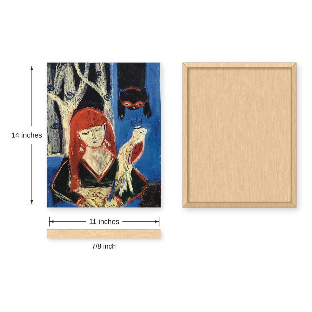 Red-haired girl with cat and bird night time art print, size guide with front, back and side dimensions