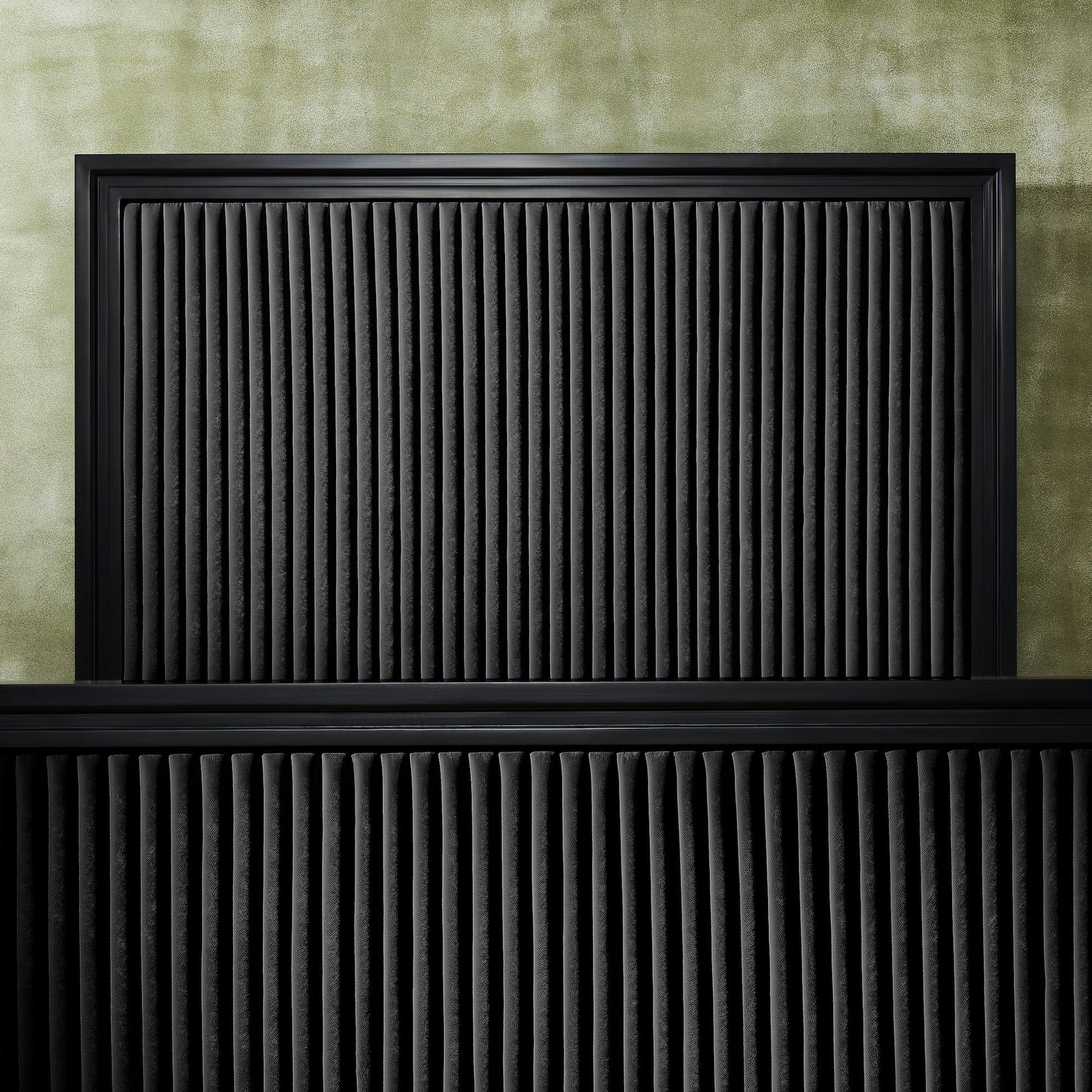 FN-5210-6080_6|Close-up of black channel tufted leather bed with black wooden frame, showcasing luxurious bedroom furniture design.