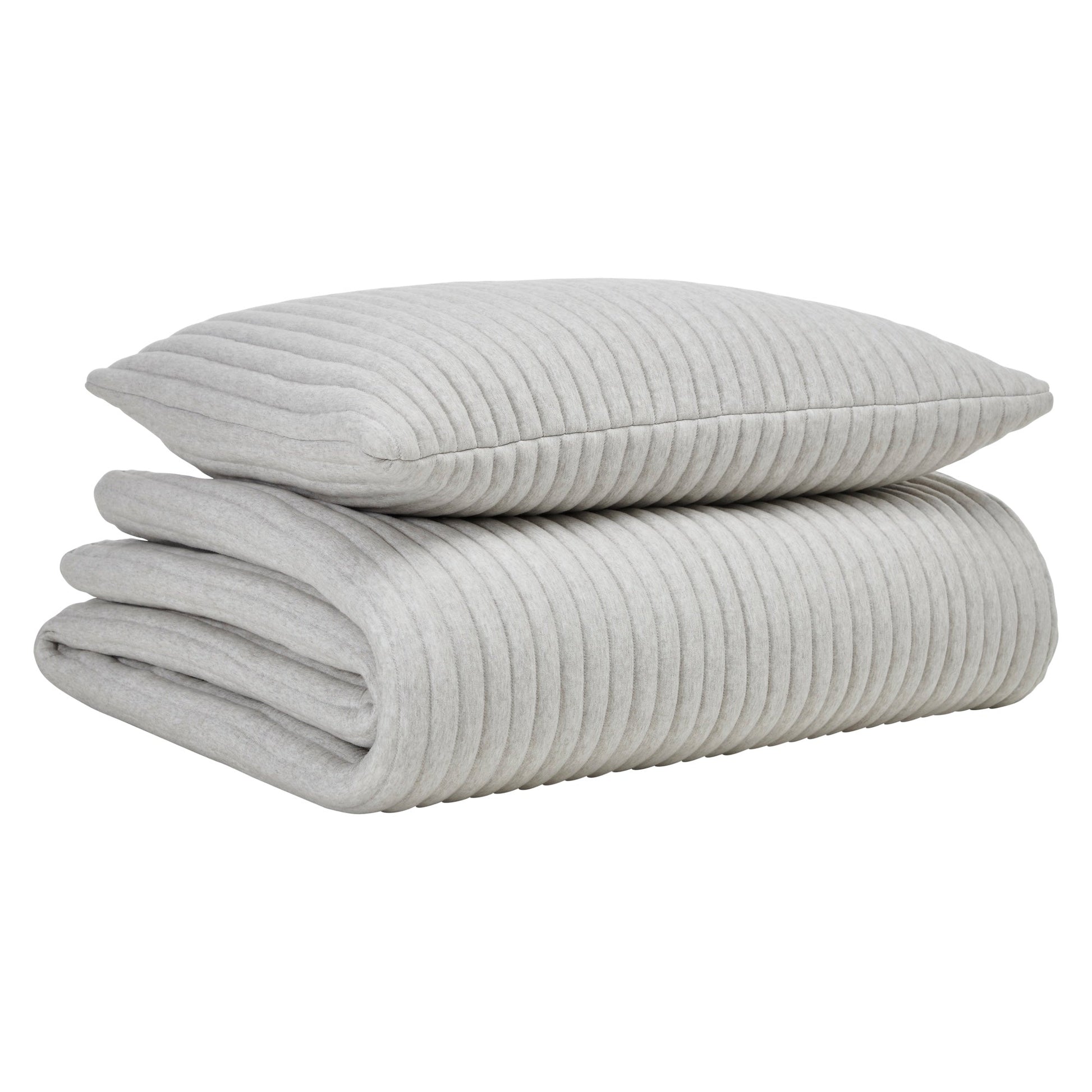 QT-375-9496_5|Stacked light grey ribbed quilt and matching pillow, a cozy and stylish addition to any modern bedding collection.