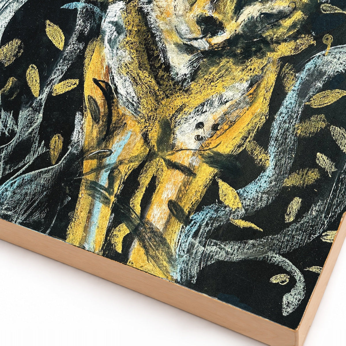 Coyote in the Woods moonlit folk art print, close-up detail of print and wood edge