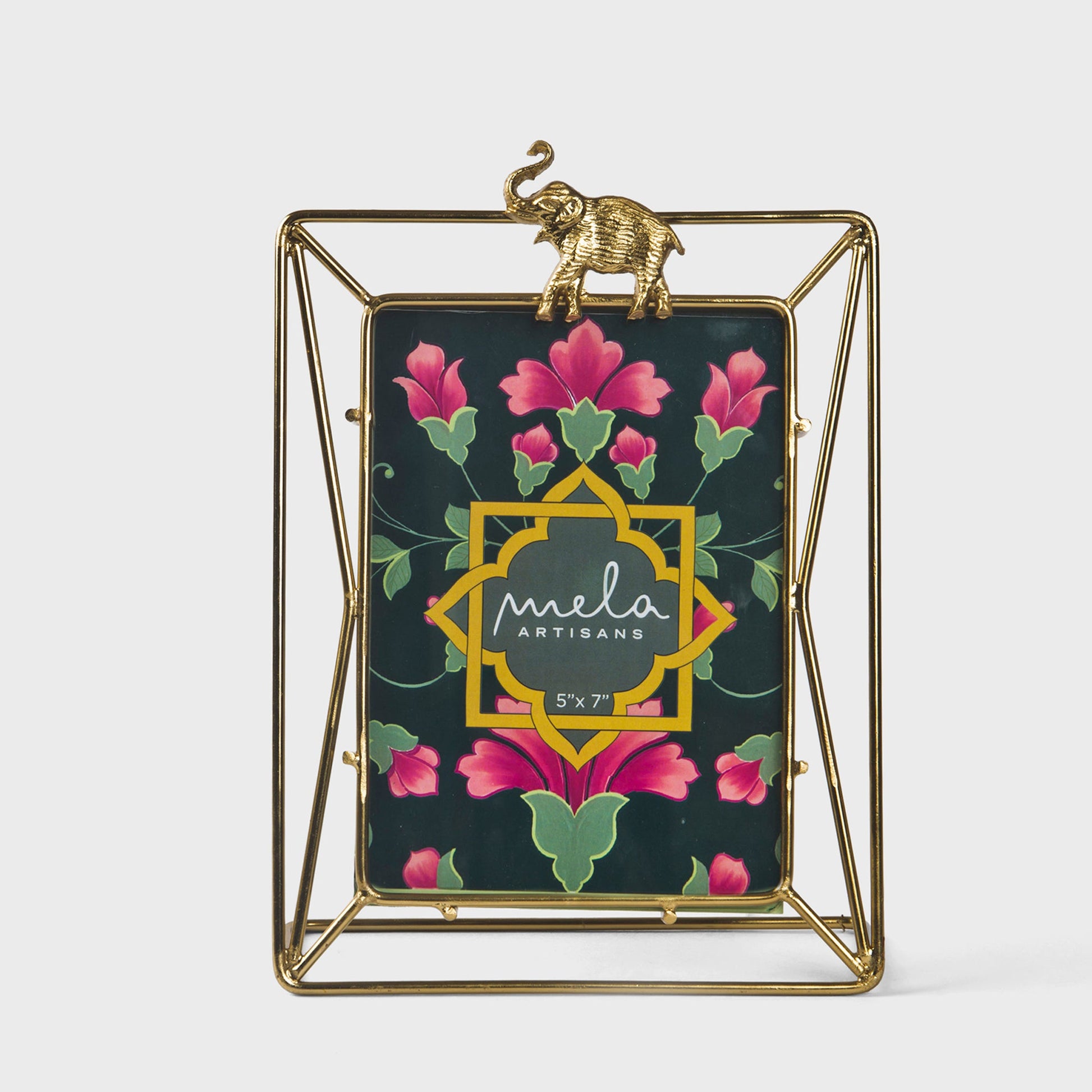 Gold wireframe 5x7 photo frame featuring a detailed miniature elephant accent on top