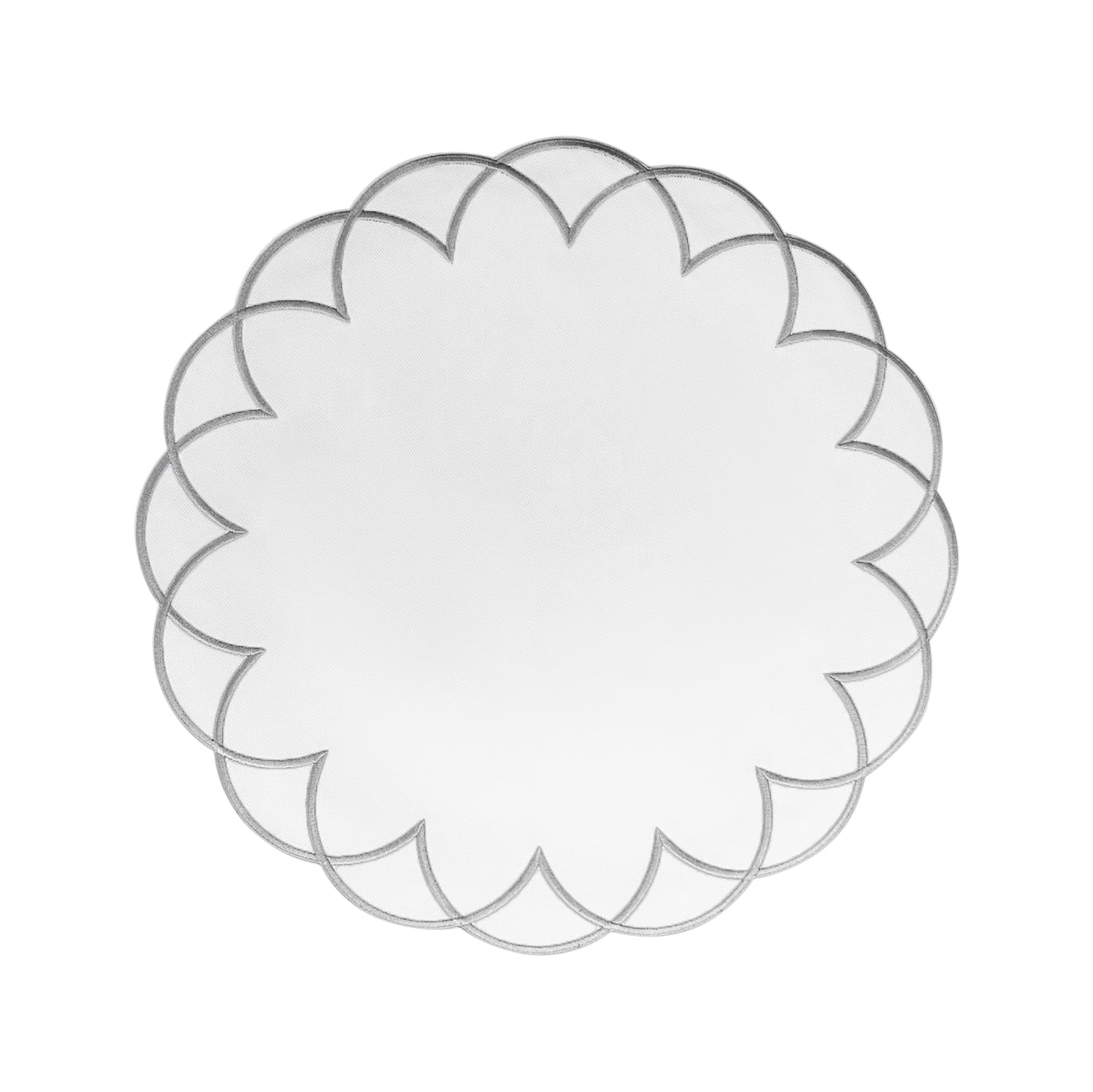 Arc impermeable placemat with embroidered border in white with gray stitching by Talah Home — spill-proof Brazilian table decor